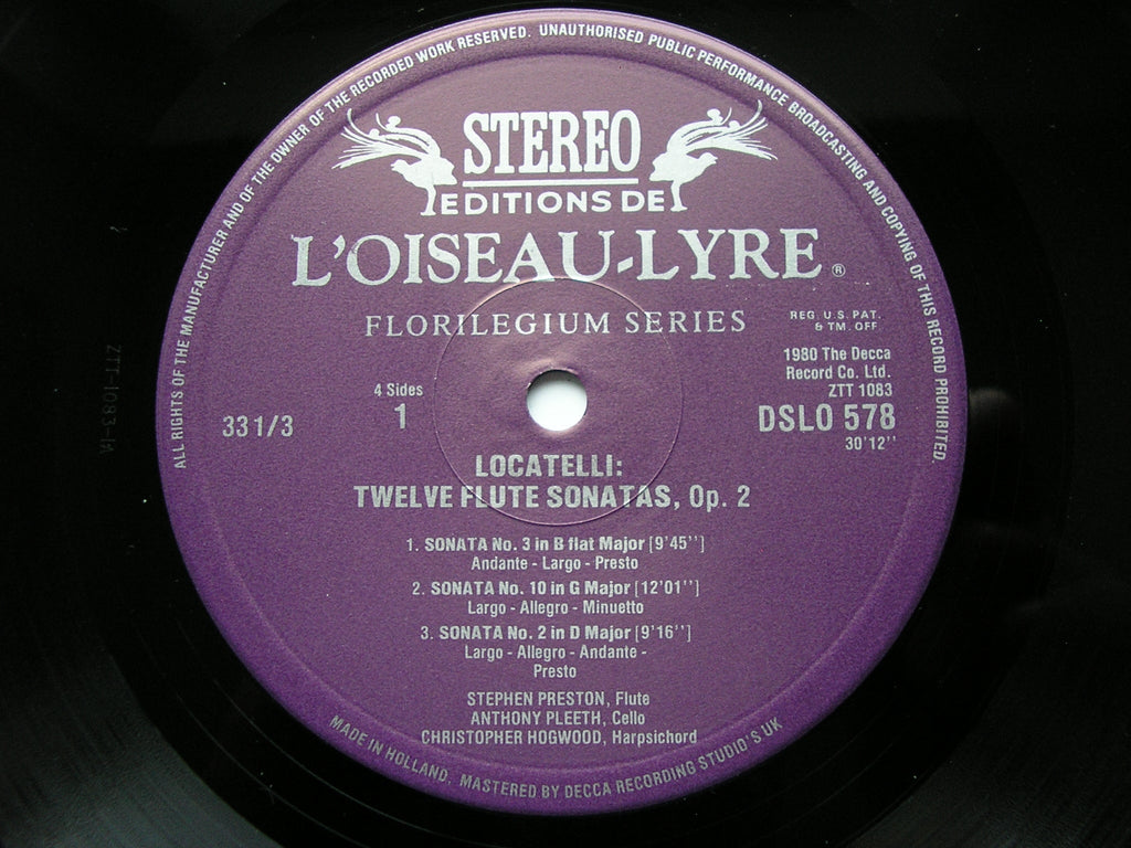 LOCATELLI: TWELVE FLUTE SONATAS Op. 2       PRESTON / PLEETH / HOGWOOD     2 LP       DSLO 578 / 9