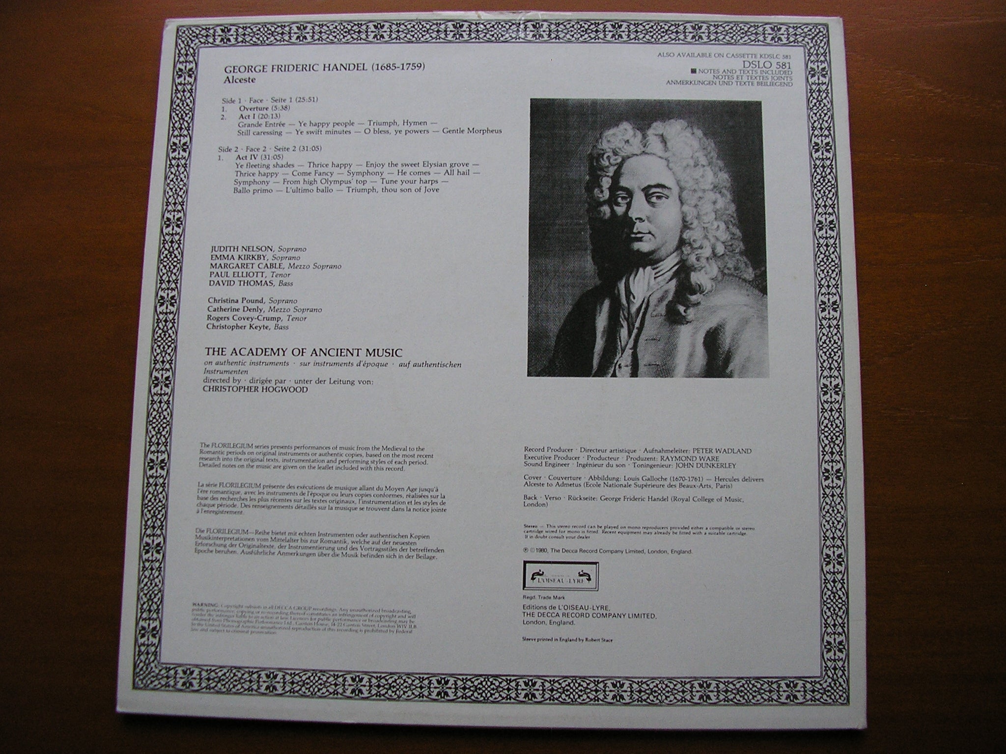 HANDEL: THEATRE MUSIC 'Alceste'     SOLOISTS / ACADEMY OF ANCIENT MUSIC / HOGWOOD      DSLO 581
