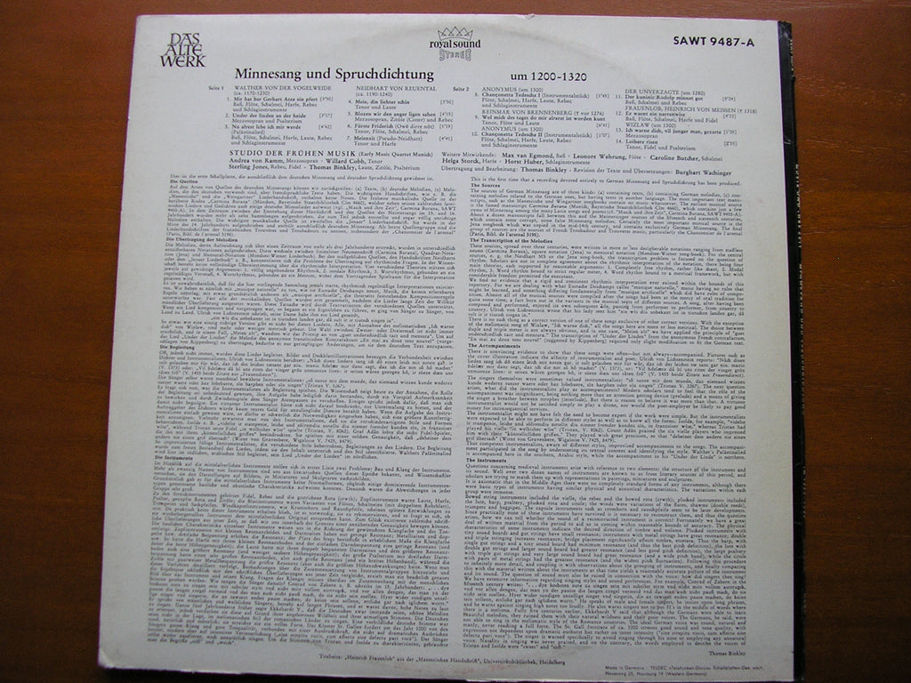 MINNESANG & SPRUCHDICHTUNG 1200-1320     STUDIO OF EARLY MUSIC / BINKLEY     SAWT 9487