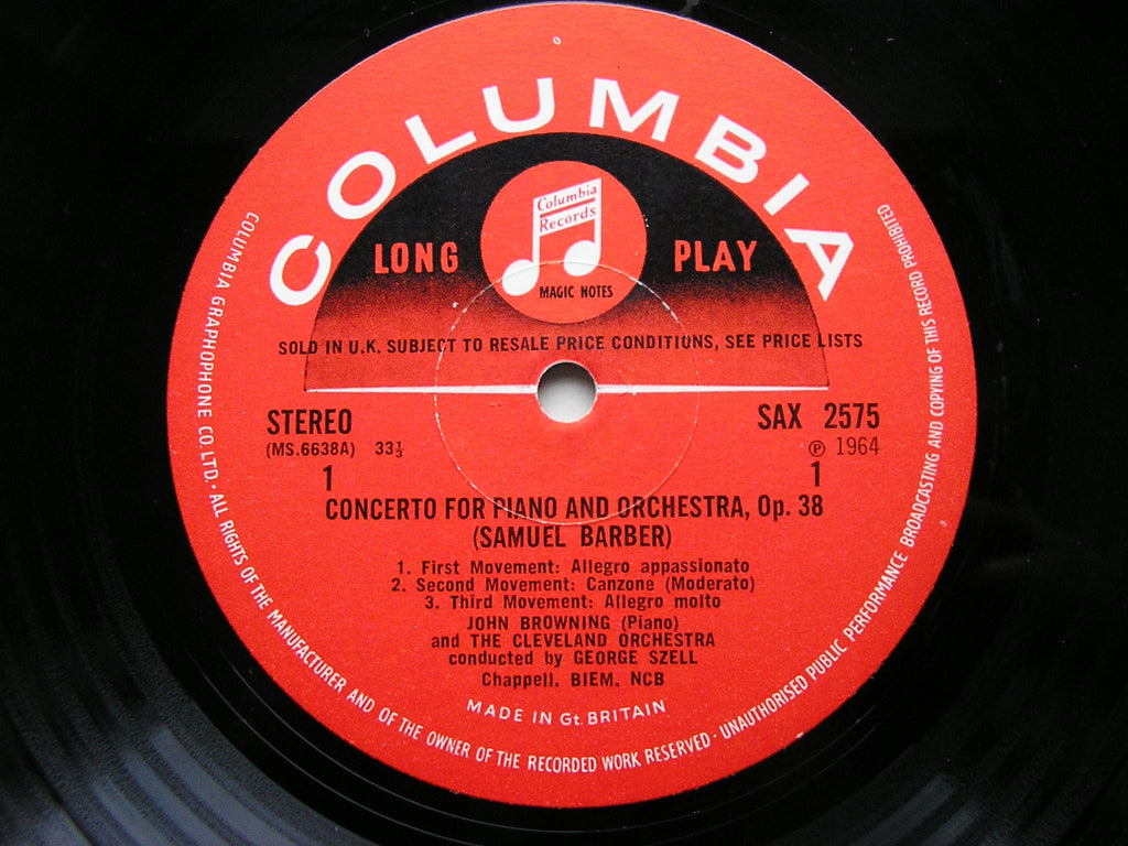 BARBER: PIANO CONCERTO / SCHUMAN: A SONG OF ORPHEUS     BROWNING / ROSE / CLEVELAND ORCHESTRA / SZELL    SAX 2575