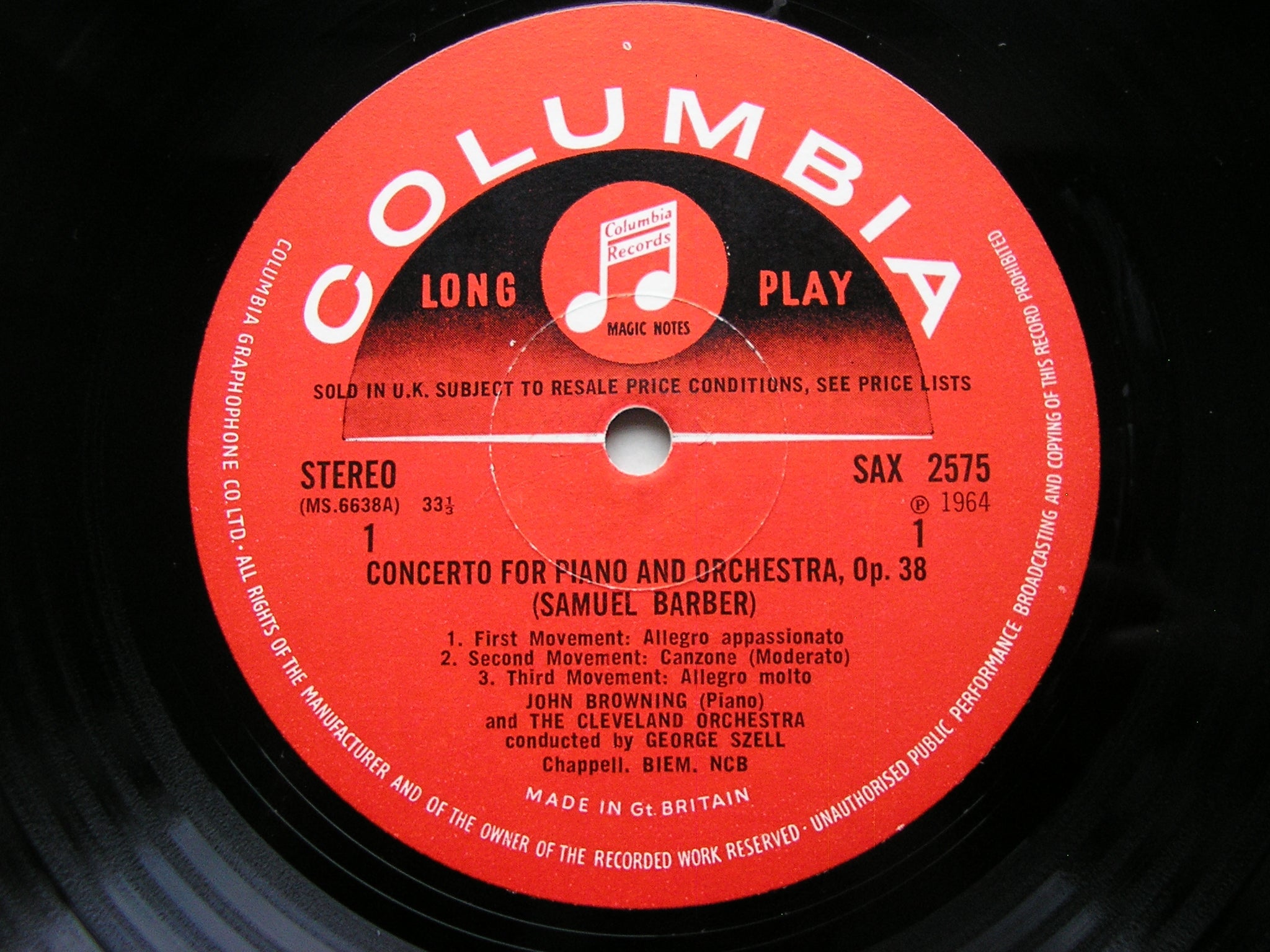 BARBER: PIANO CONCERTO / SCHUMAN: A SONG OF ORPHEUS     BROWNING / ROSE / CLEVELAND ORCHESTRA / SZELL    SAX 2575