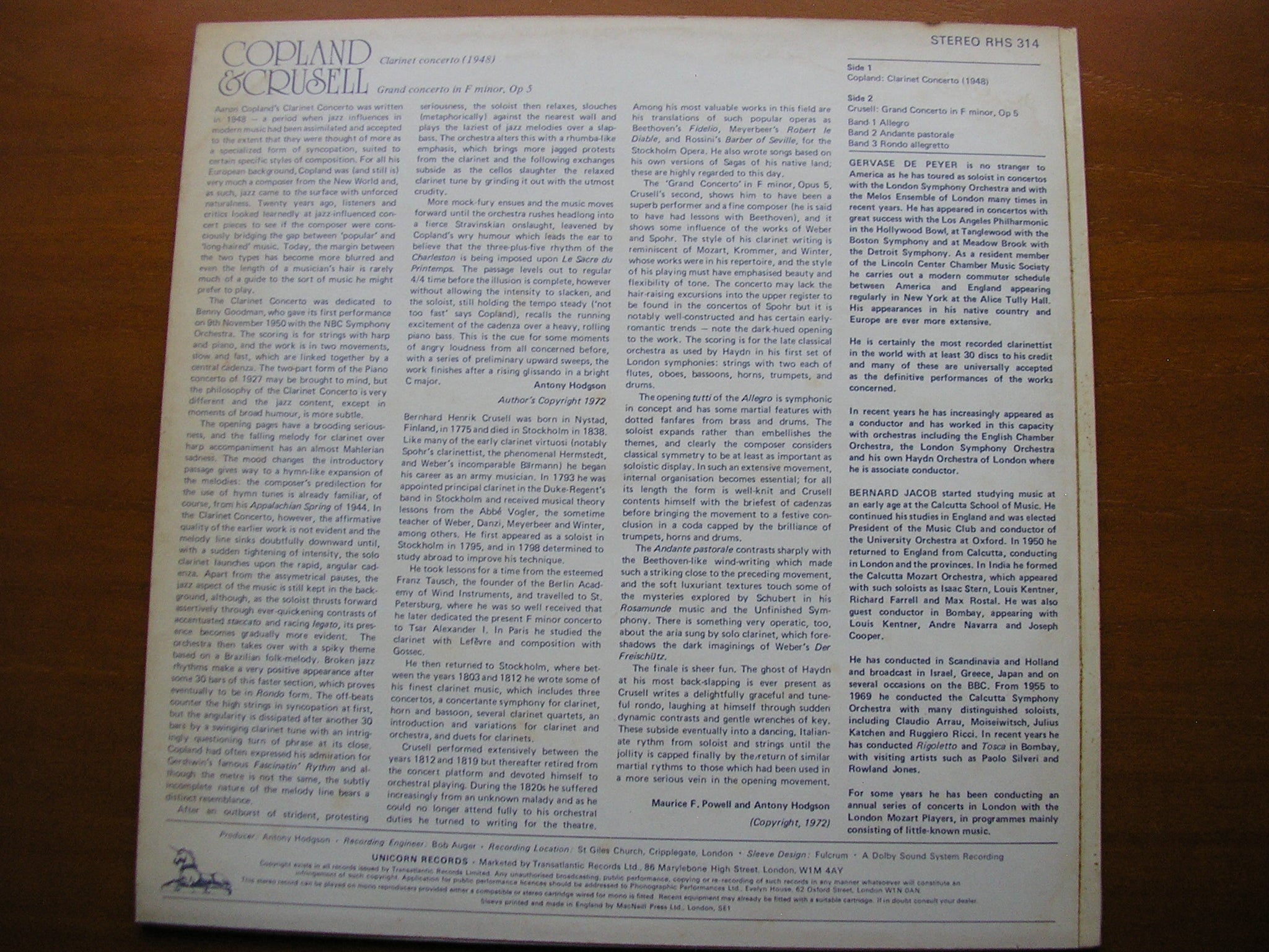 COPLAND: CLARINET CONCERTO / CRUSELL: GRAND CONCERTO in F      DE PEYER / LONDON MOZART PLAYERS / JACOB      RHS 314