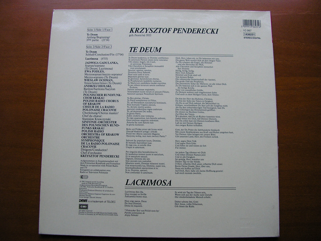 PENDERECKI: TE DEUM / LACRIMOSA     SOLOISTS / POLISH RADIO CHORUS & ORCHESTREA OF KRAKOW / PENDERECKI    1436231