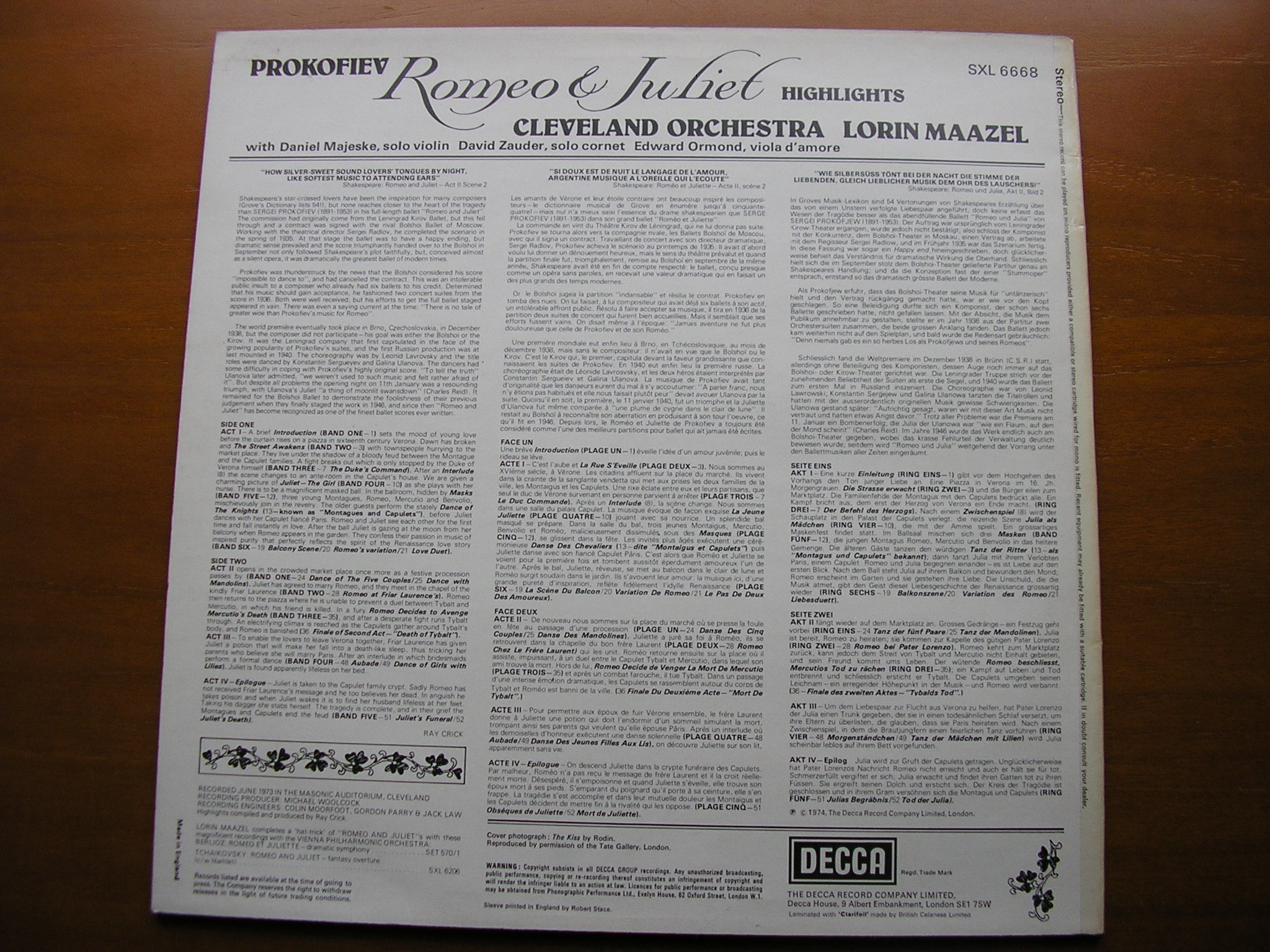 SXL 6668 PROKOFIEV: ROMEO & JULIET highlights CLEVELAND ORCHESTRA / LORIN MAAZEL