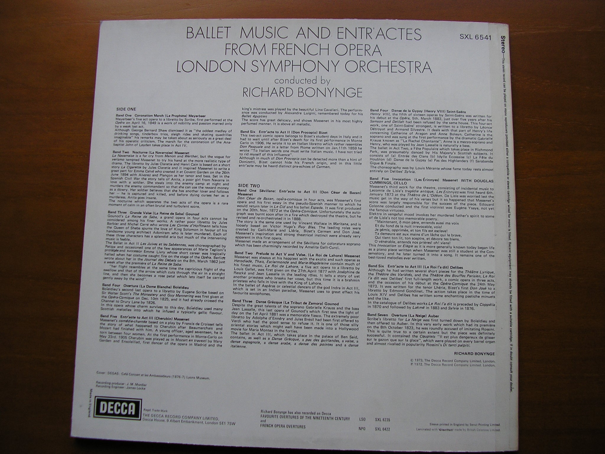 SXL 6541 BALLET MUSIC FROM FRENCH OPERA: AUBER / DELIBES / GOUNOD / MASSENET / BIZET / MEYERBEER LONDON SYMPHONY / BONYNGE
