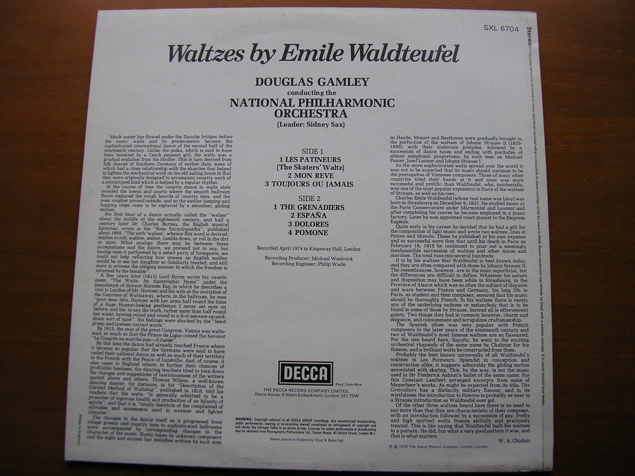 SXL 6704 WALDTEUFEL: SEVEN WALTZES NATIONAL PHILHARMONIC ORCHESTRA / GAMLEY