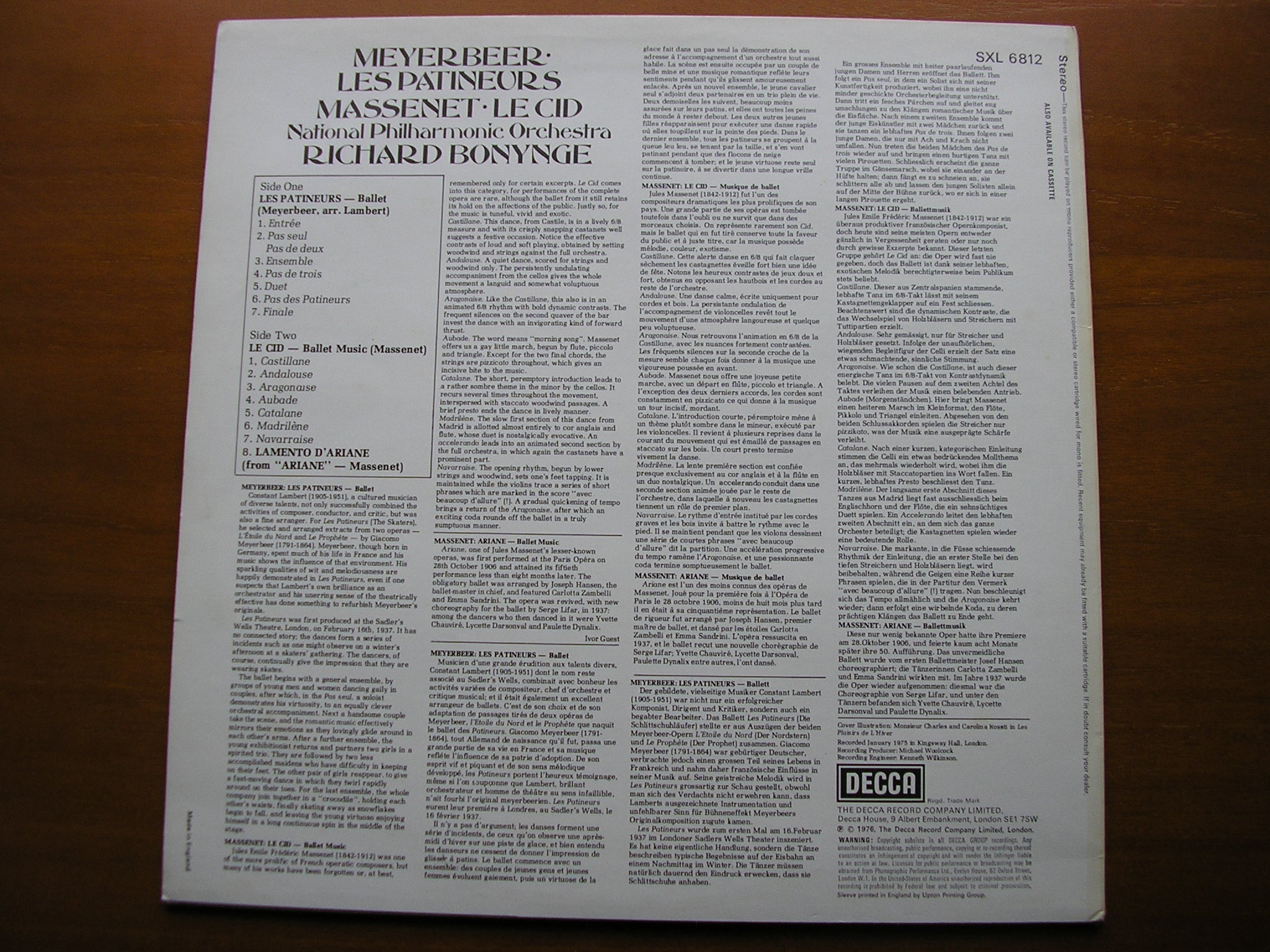 MEYERBEER: LES PATINEURS / MASSENET: LE CID      NATIONAL PHILHARMONIC / BONYNGE      SXL 6812