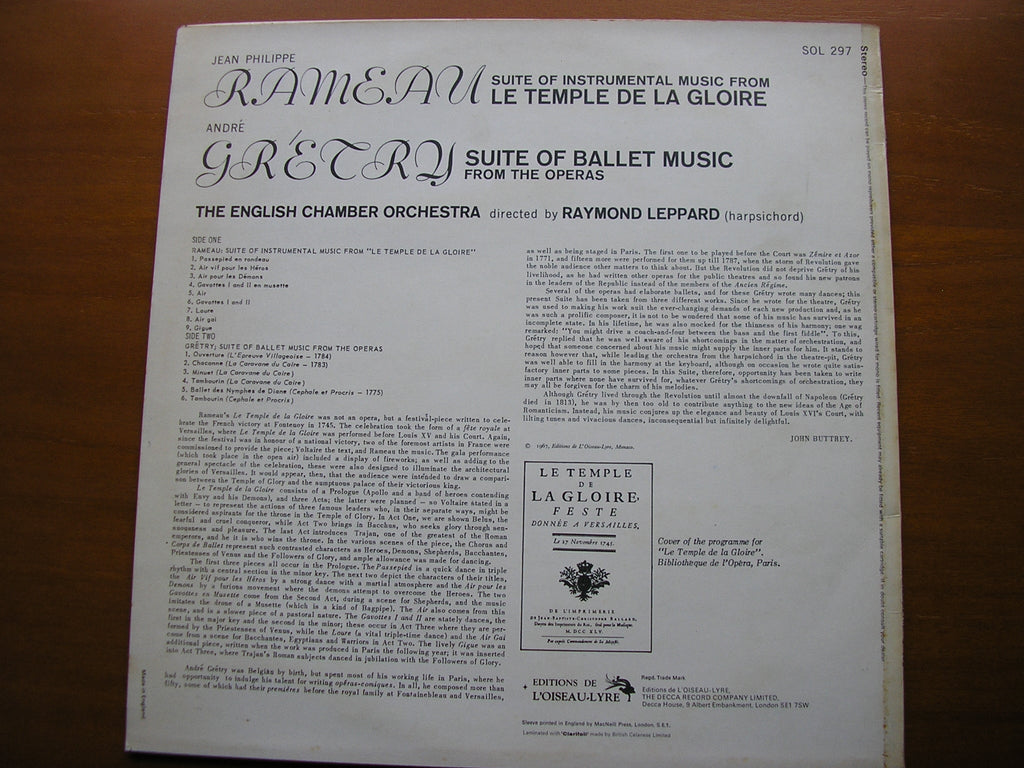 RAMEAU: LA TEMPLE DE LA GLOIRE / GRETRY: SUITE OF BALLET MUSIC    ENGLISH CHAMBER ORCHESTRA / LEPPARD    SOL 297