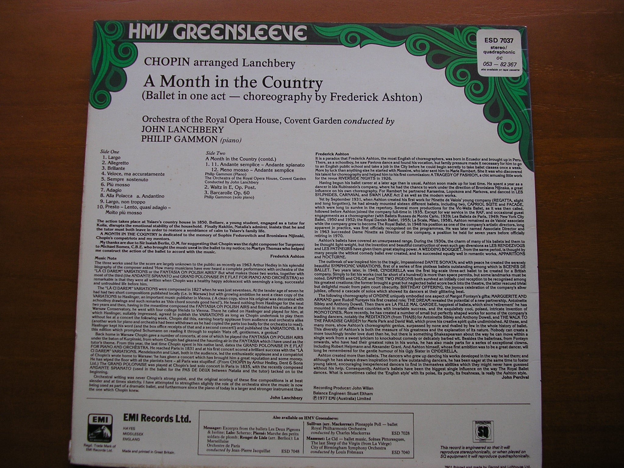 CHOPIN / LANCHBERY: A MONTH IN THE COUNTRY   ORCHESTRA OF THE ROYAL OPERA HOUSE COVENT GARDEN / LANCHBERY    ESD 7037