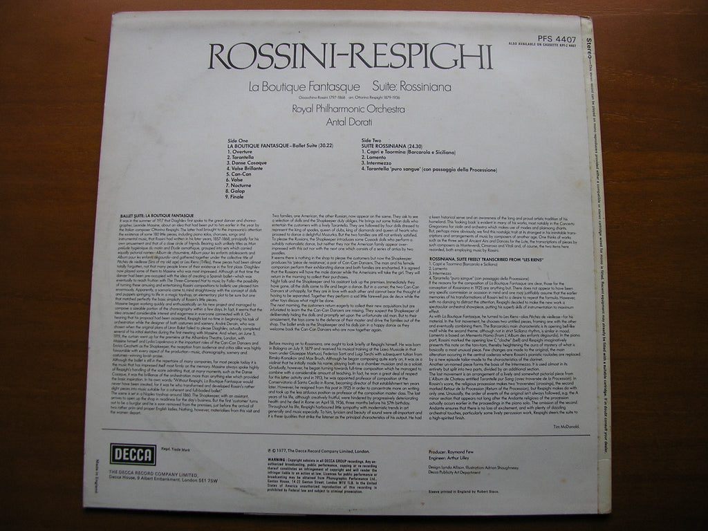 ROSSINI - RESPIGHI: LA BOUTIQUE FANTASQUE Suite / ROSSINIANA      ROYAL PHILHARMONIC / DORATI    PFS 4407