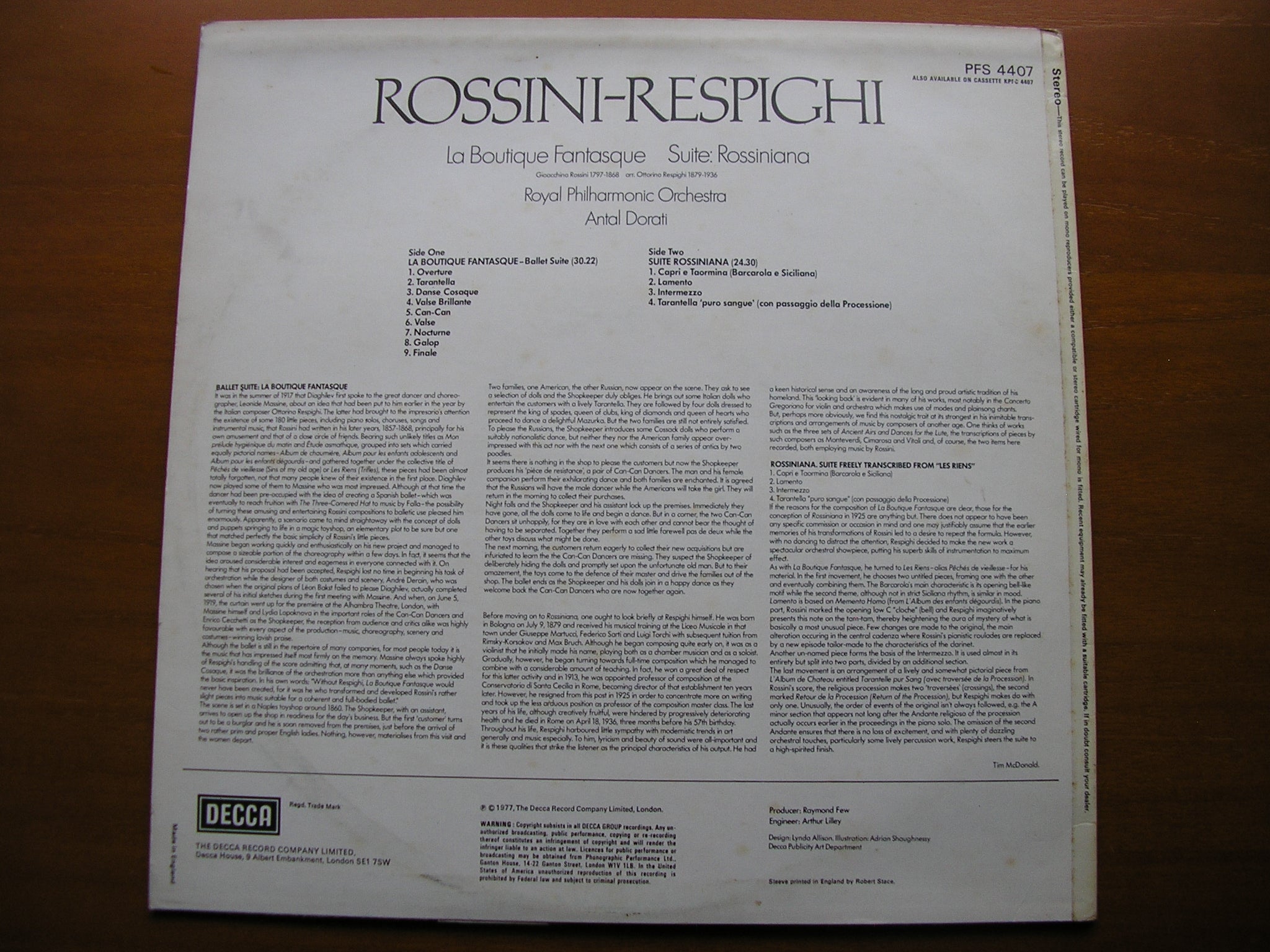 ROSSINI - RESPIGHI: LA BOUTIQUE FANTASQUE Suite / ROSSINIANA      ROYAL PHILHARMONIC / DORATI    PFS 4407