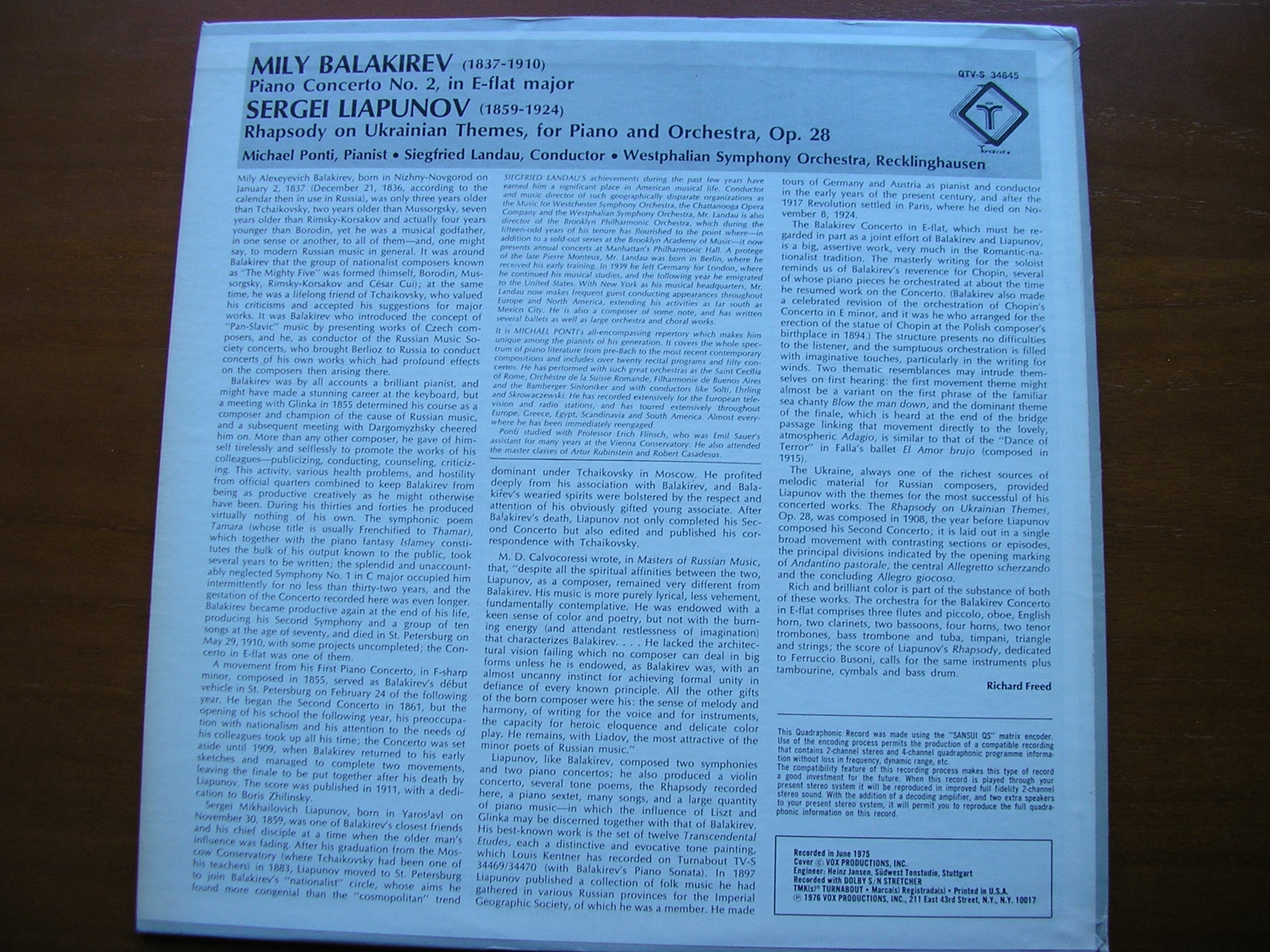 BALAKIREV: PIANO CONCERTO / LIAPUNOV: RHAPSODY     PONTI / WESTPHALIAN SYMPHONY / LANDAU   QTVS 34645