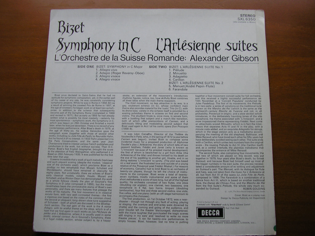 SXL 6350 BIZET: L'ARLESIENNE Suites / SYMPHONY in C GIBSON / SUISSE ROMANDE