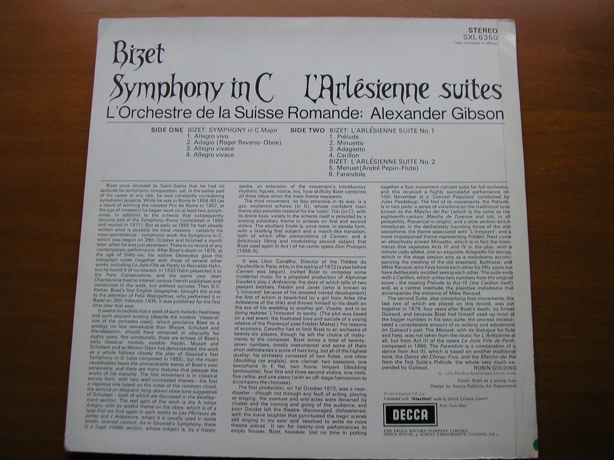 SXL 6350 BIZET: L'ARLESIENNE Suites / SYMPHONY in C GIBSON / SUISSE ROMANDE