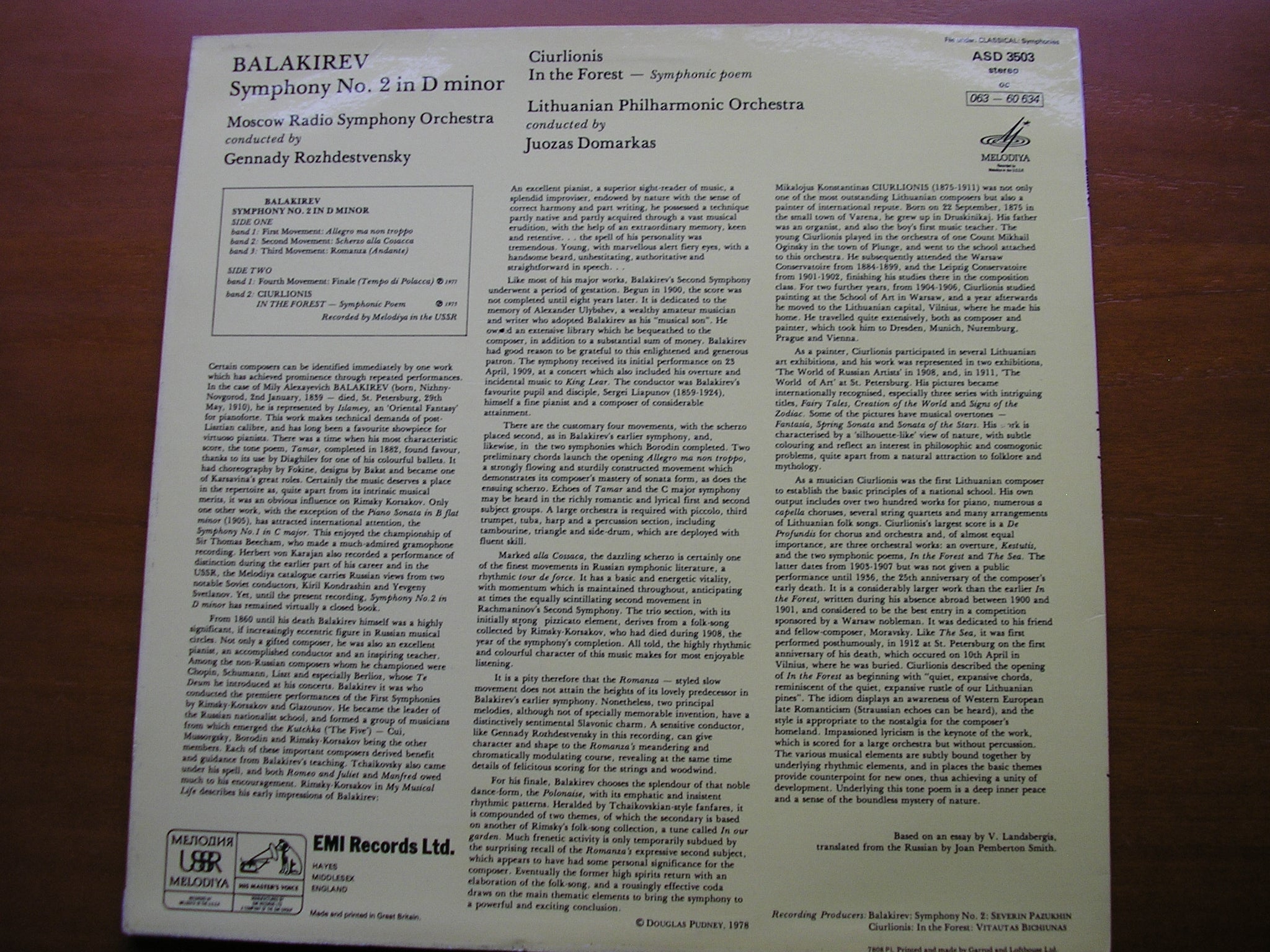 BALAKIREV: SYMPHONY No. 2 / CIURLIONIS: IN THE FOREST      MOSCOW RADIO SYMPHONY / ROZHDESTVENSKY     ASD 3503