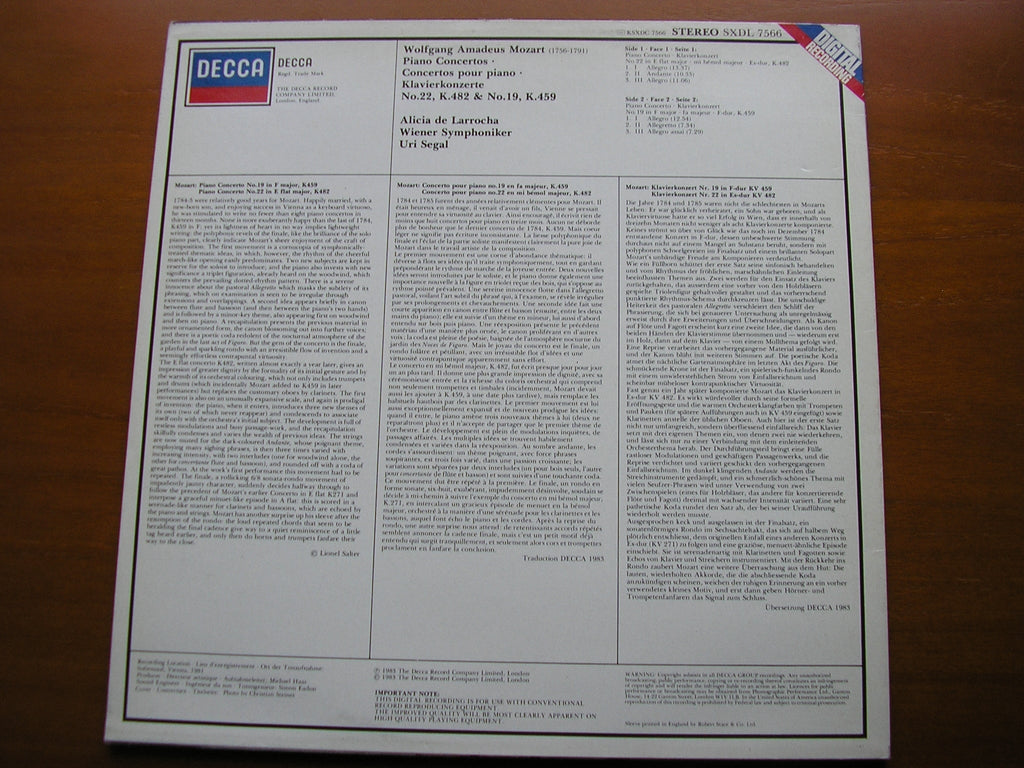 SXDL 7566 MOZART: PIANO CONCERTOS Nos. 22 & 19      LARROCHA / VIENNA SYMPHONY / SEGAL