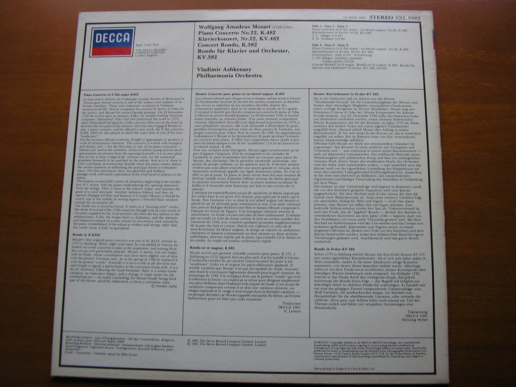 SXL 6982 MOZART: PIANO CONCERTO No. 22 / RONDO K382 ASHKENAZY / PHILHARMONIA