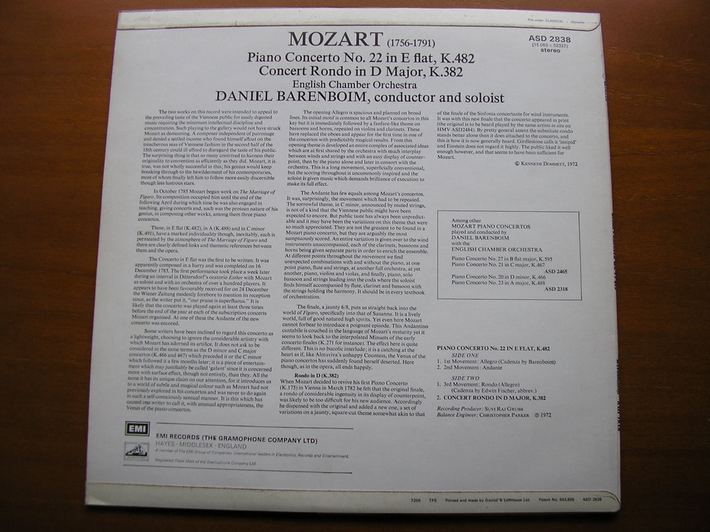 MOZART: PIANO CONCERTO No. 22 / RONDO in D       BARENBOIM / ENGLISH CHAMBER ORCHESTRA     ASD 2838