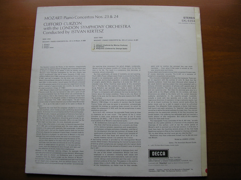 SXL 6354 MOZART: PIANO CONCERTOS Nos. 23 & 24 CURZON / LONDON SYMPHONY / KERTESZ