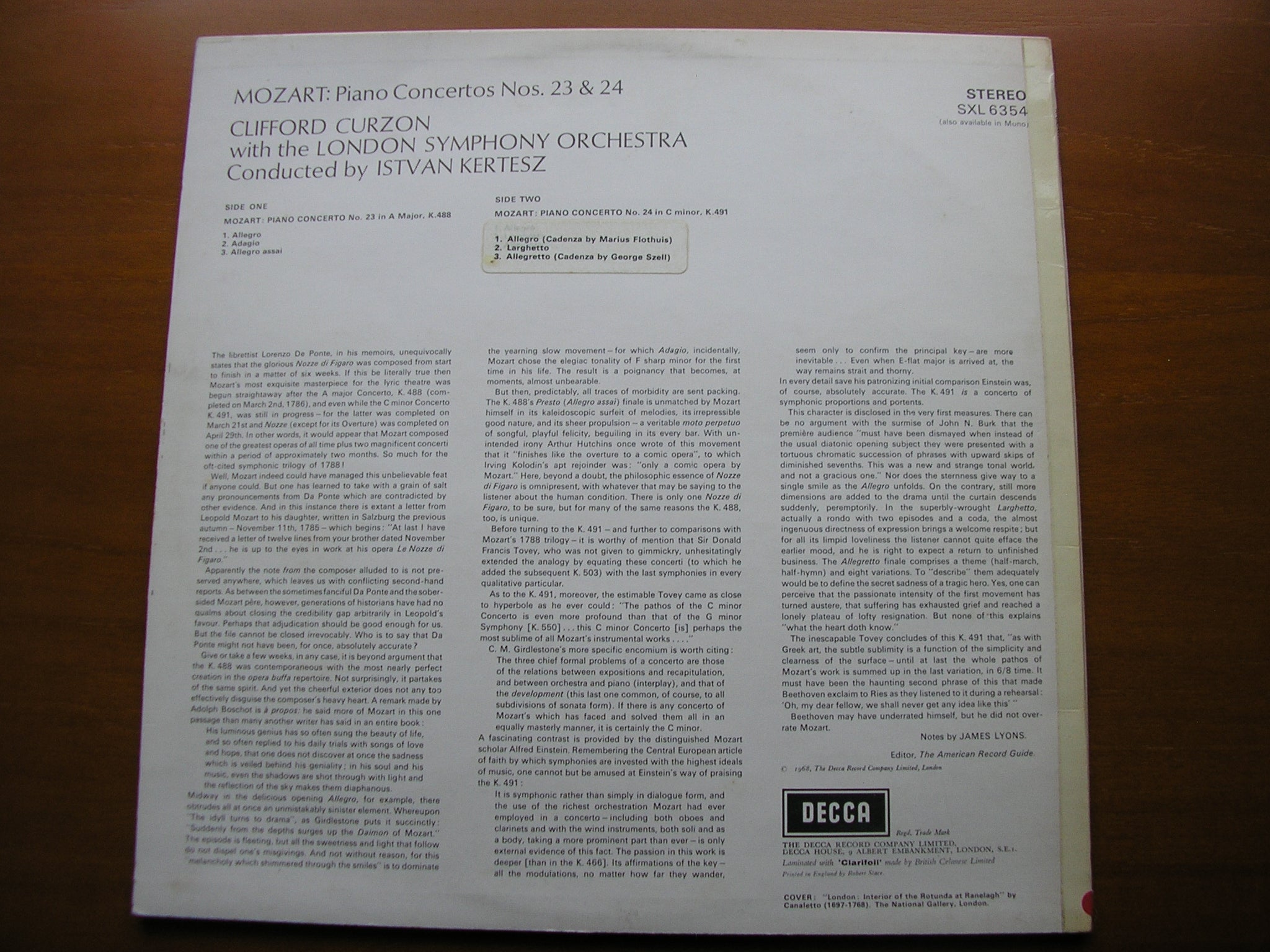 SXL 6354 MOZART: PIANO CONCERTOS Nos. 23 & 24 CURZON / LONDON SYMPHONY / KERTESZ