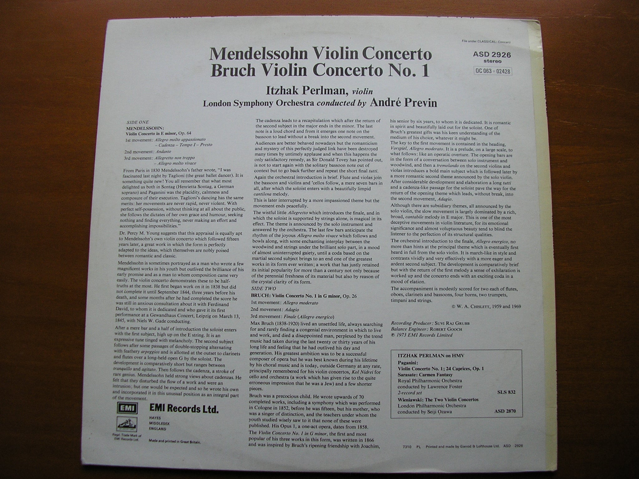 MENDELSSOHN & BRUCH: VIOLIN CONCERTOS      PERLMAN / LONDON SYMPHONY / PREVIN     ASD 2926
