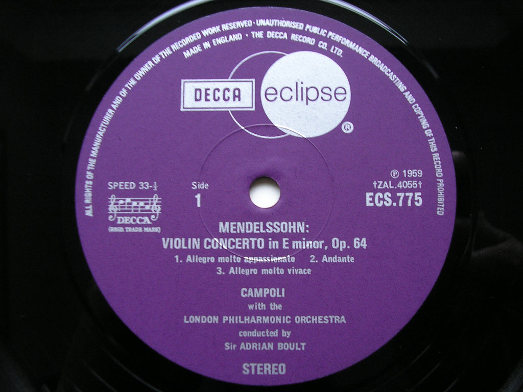 MENDELSSOHN & BRUCH: VIOLIN CONCERTOS     CAMPOLI / LONDON PHILHARMONIC / BOULT     ECS 775