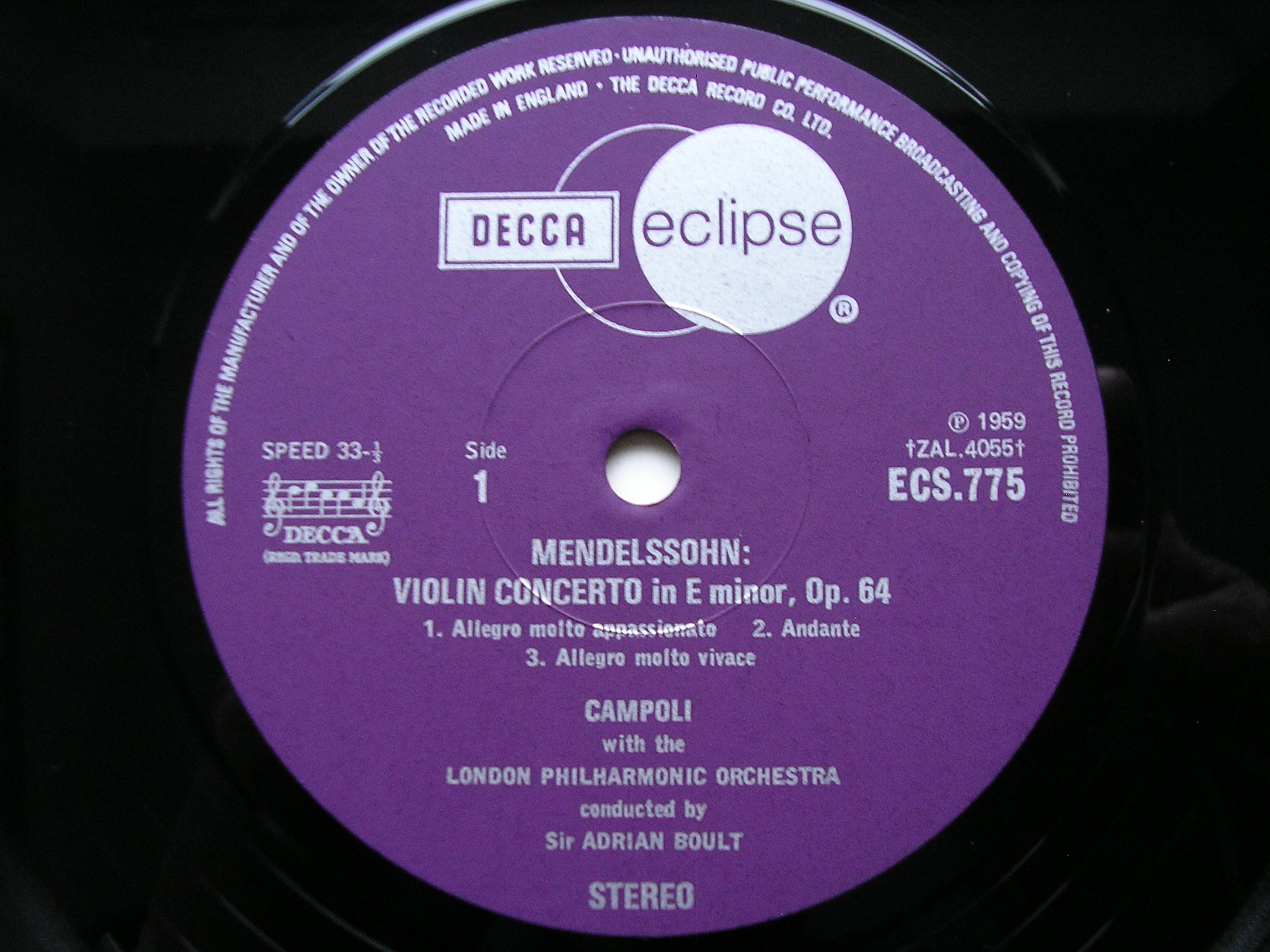 MENDELSSOHN & BRUCH: VIOLIN CONCERTOS     CAMPOLI / LONDON PHILHARMONIC / BOULT     ECS 775