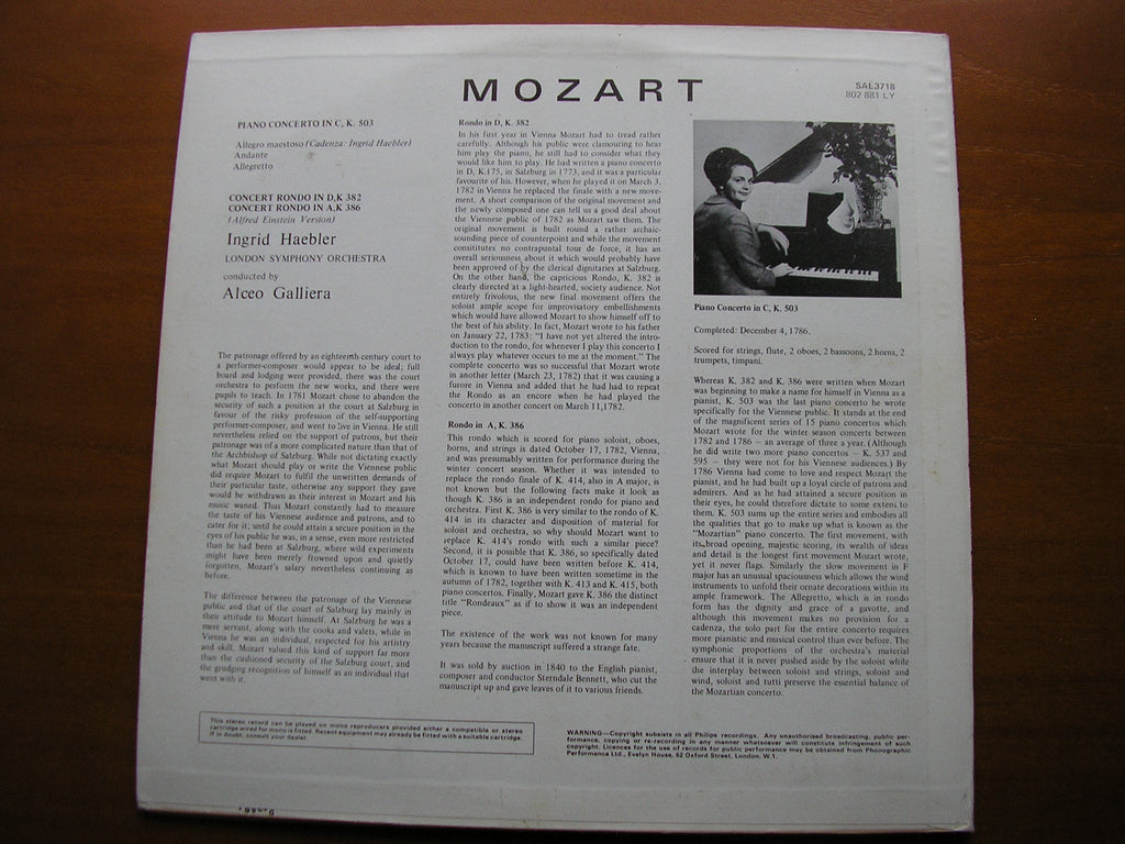 MOZART: PIANO CONCERTO No. 25 / RONDOS K382 & K386    HAEBLER / LONDON SYMPHONY / GALLIERA     SAL 3718