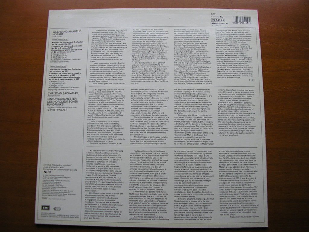 MOZART: PIANO CONCERTS Nos. 24 & 27     ZACHARIAS / NORTH GERMAN RADIO ORCHESTRA / WAND     27 0415