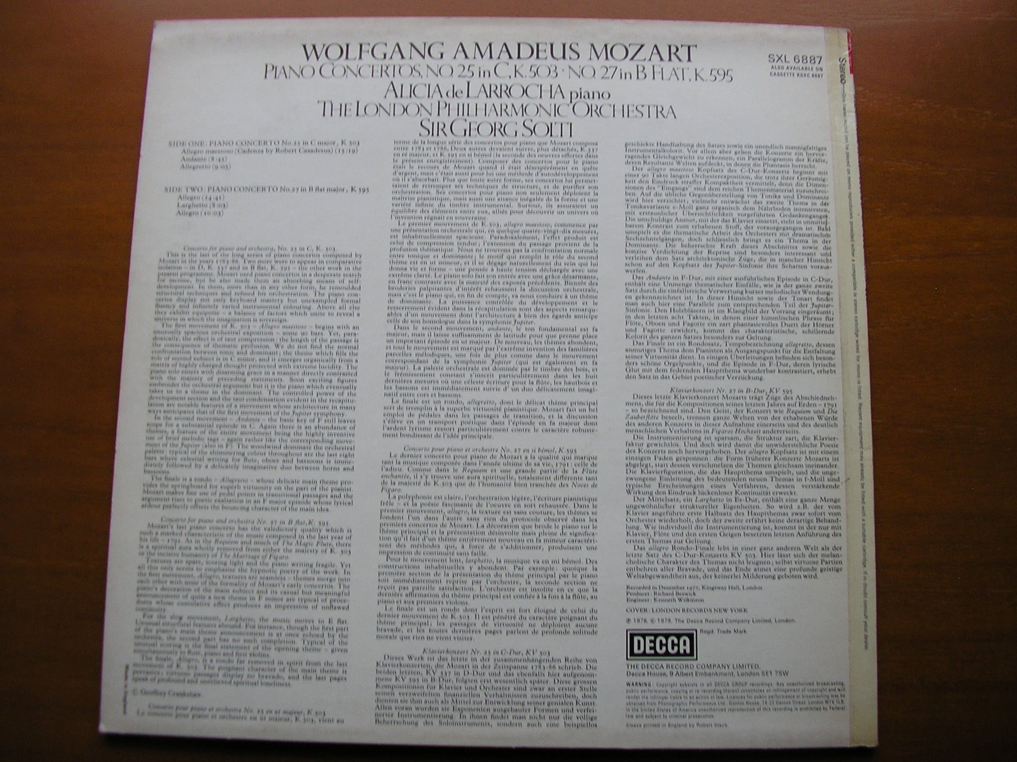 SXL 6887 MOZART: PIANO CONCERTOS Nos. 25 & 27 LARROCHA / LONDON PHILHARMONIC / SOLTI