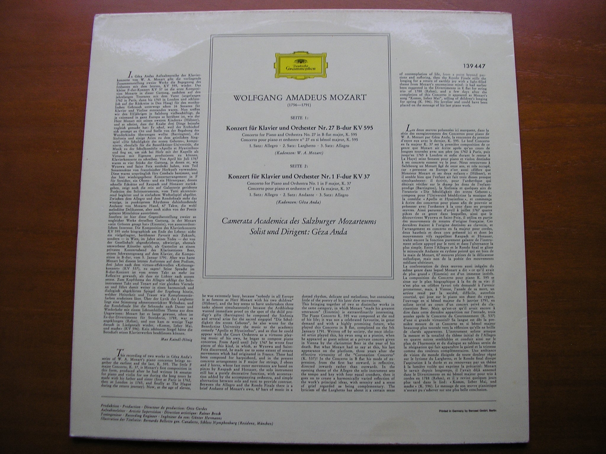 MOZART: PIANO CONCERTOS Nos. 27 & 1      GEZA ANDA / CAMERATA ACADEMICA DES SALBURGER MOZARTEUMS     139 447