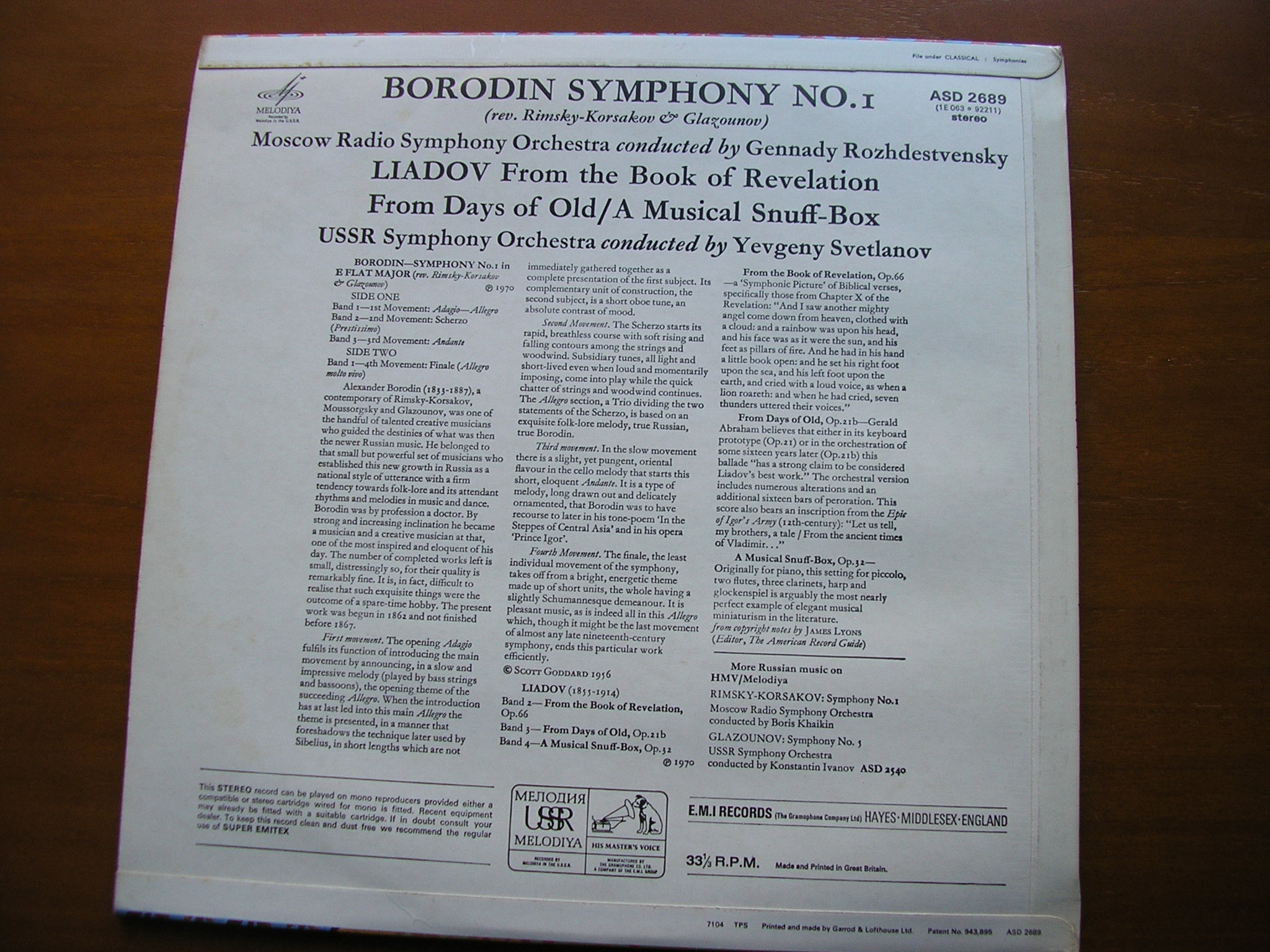 BORODIN: SYMPHONY No. 1 / LIADOV: ORCHESTRAL WORKS     ROZHDESTVENSKY / MRSO / SVETLANOV / USSR SYMPHONY    ASD 2689