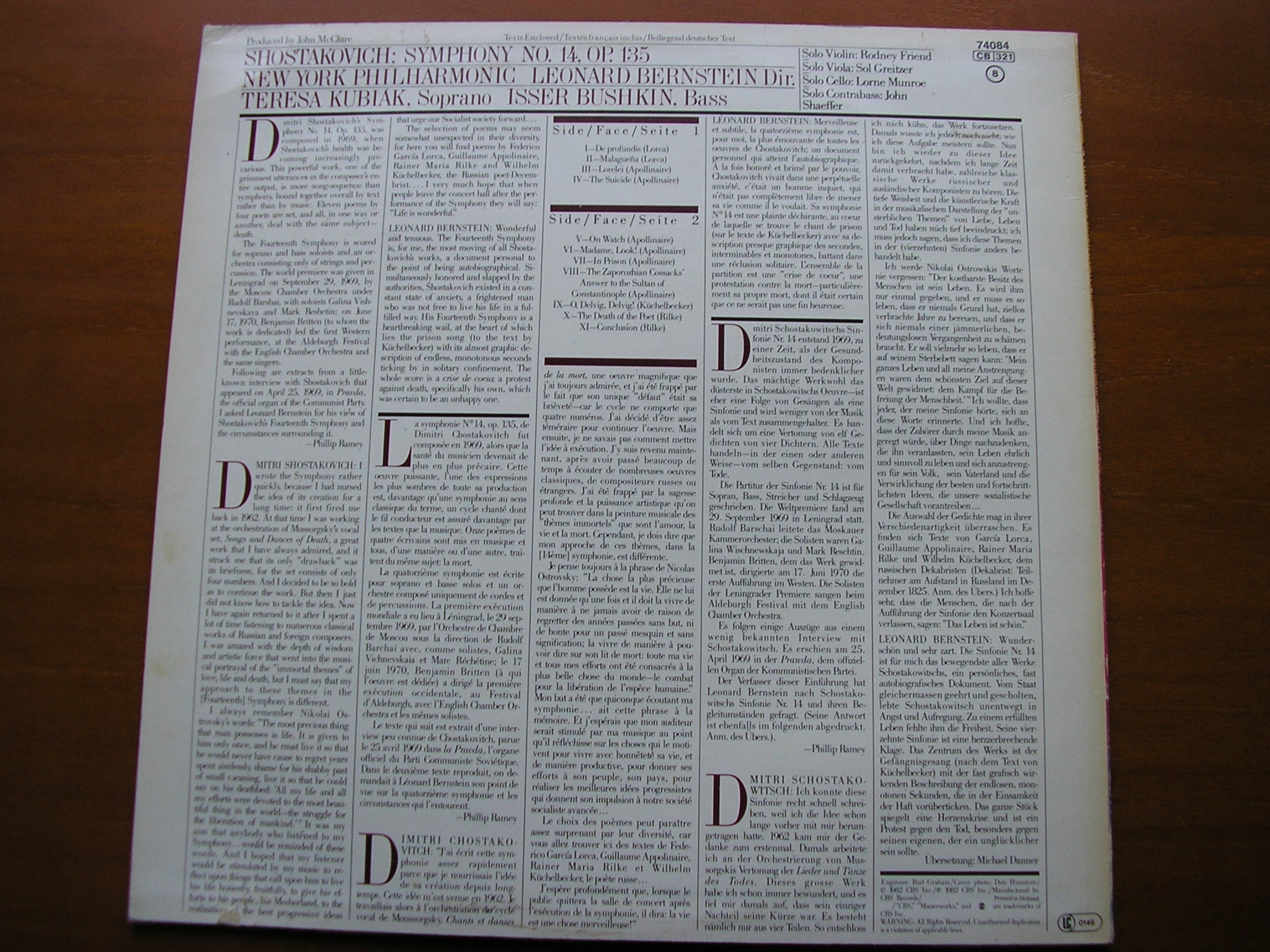 SHOSTAKOVICH: SYMPHONY No. 14     BERNSTEIN / NEW YORK PHILHARMONIC       74084