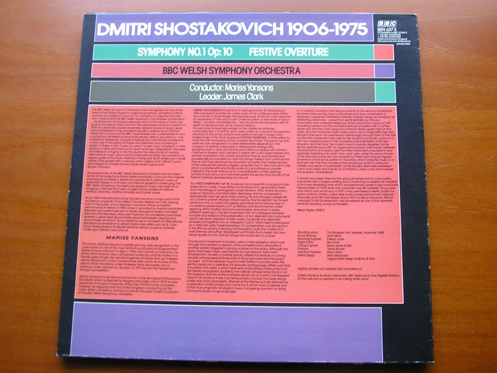 SHOSTAKOVICH: SYMPHONY No. 1 / FESTIVE OVERTURE     BBC WELSH SYMPHONY / MARISS JANSONS     REN 637X