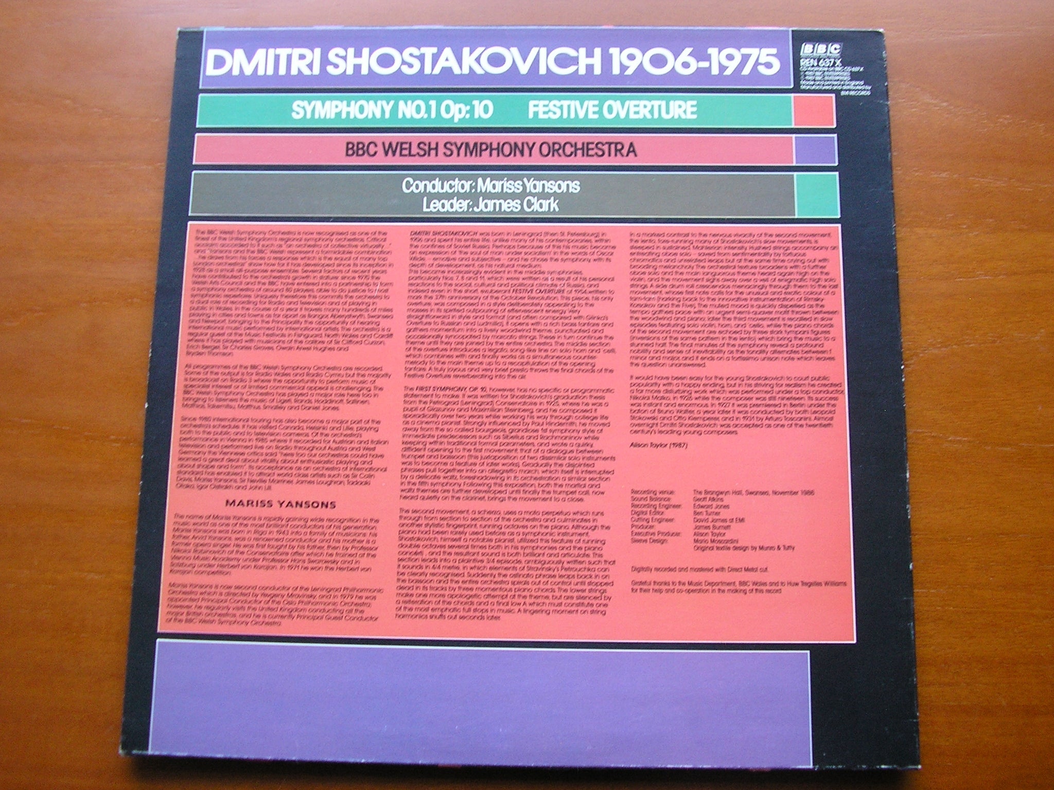SHOSTAKOVICH: SYMPHONY No. 1 / FESTIVE OVERTURE     BBC WELSH SYMPHONY / MARISS JANSONS     REN 637X