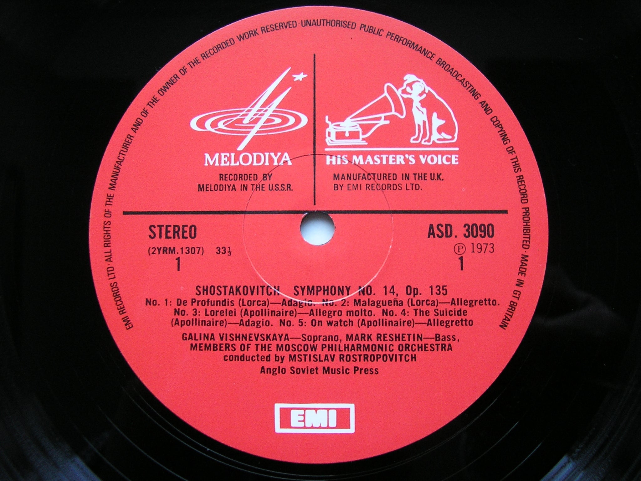 SHOSTAKOVICH: SYMPHONY No. 14     VISHNEVSKAYA / RESHETIN / MOSCOW PHILHARMONIC / ROSTROPOVICH      ASD 3090