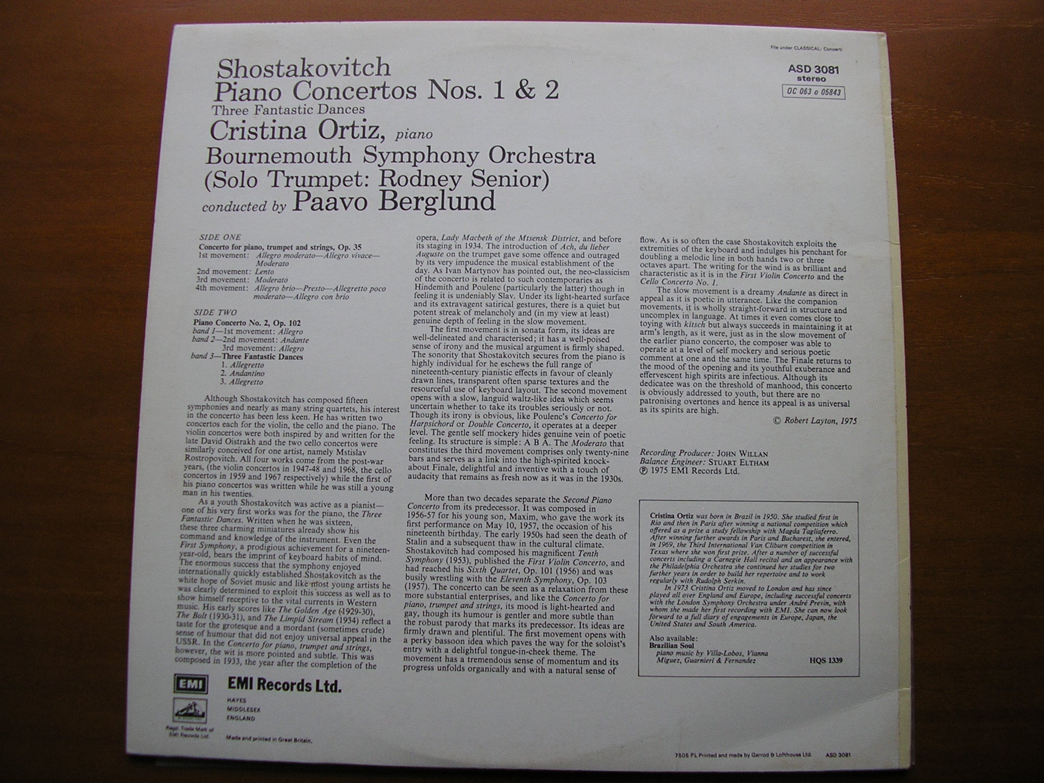 SHOSTAKOVICH: PIANO CONCERTOS Nos. 1 & 2     ORTIZ / BOURNEMOUTH SYMPHONY / BERGLUND     ASD 3081