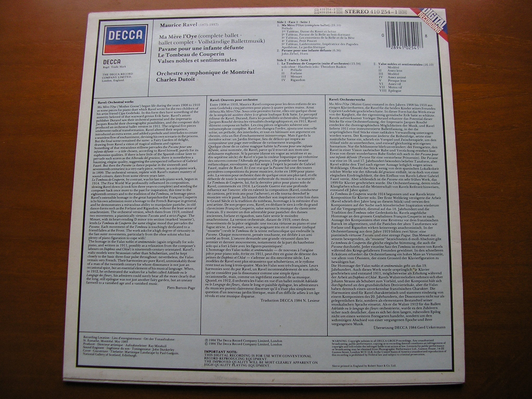 RAVEL: MA MERE L'OYE / LE TOMBEAU DE COUPERIN / VALSES NOBLES ET SENTIMENTALE     DUTOIT / MONTREAL SYMPHONY   410 254