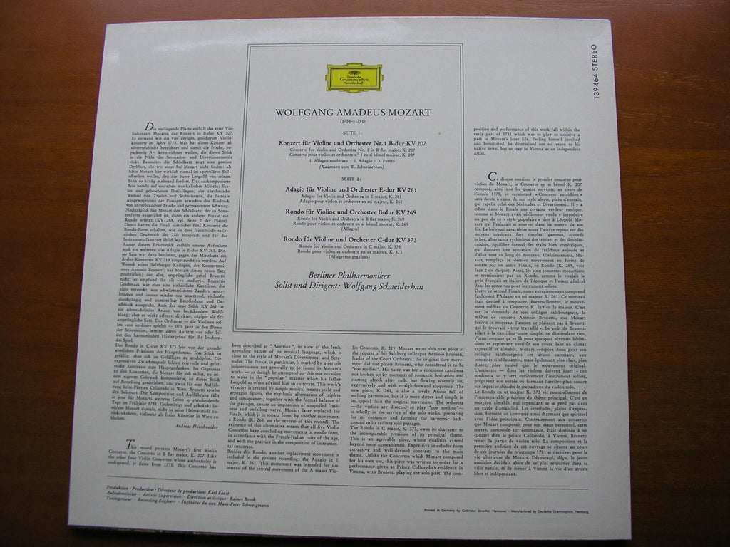 MOZART: VIOLIN CONCERTO No. 1 / ADAGIO K261 / RONDOS K269 & K373   SCHNEIDERHAN / BERLIN PHILHARMONIC   139 464