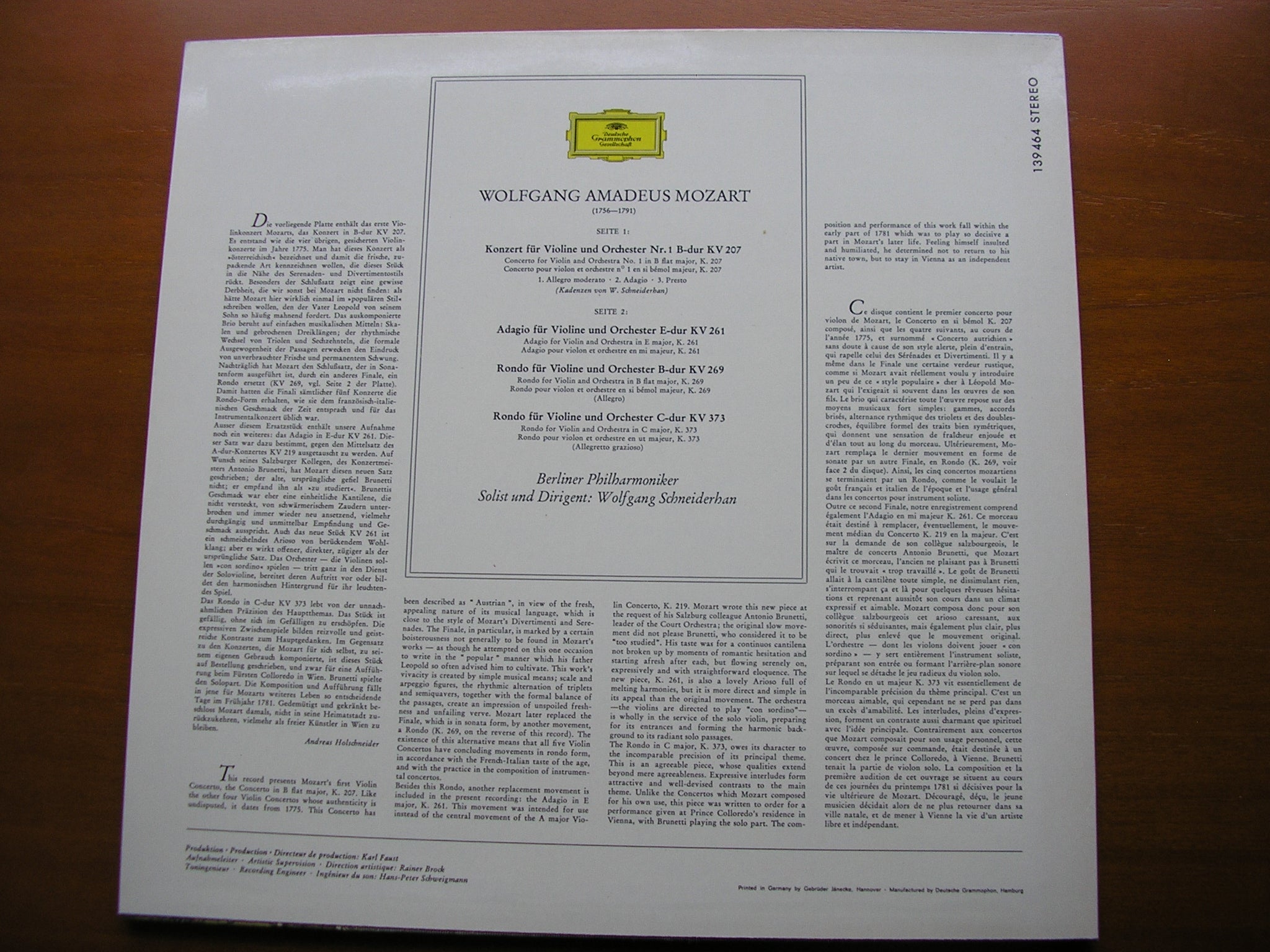 MOZART: VIOLIN CONCERTO No. 1 / ADAGIO K261 / RONDOS K269 & K373   SCHNEIDERHAN / BERLIN PHILHARMONIC   139 464