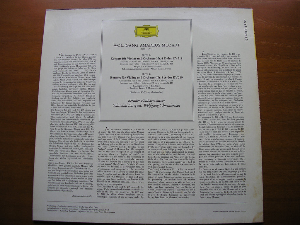 MOZART: VIOLIN CONCERTOS Nos. 4 & 5     SCHNEIDERHAN / BERLIN PHILHARMONIC    139 463