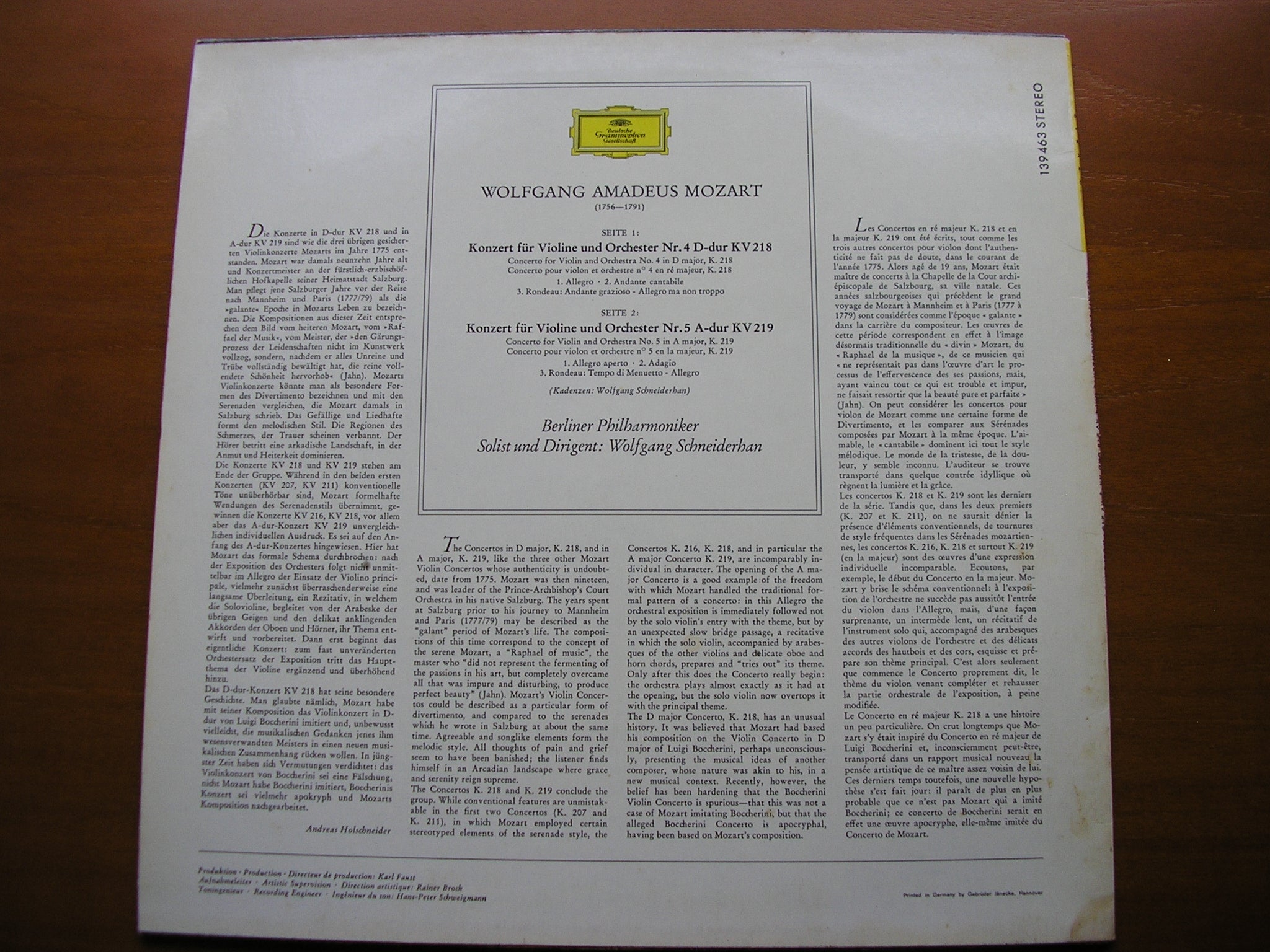 MOZART: VIOLIN CONCERTOS Nos. 4 & 5     SCHNEIDERHAN / BERLIN PHILHARMONIC    139 463