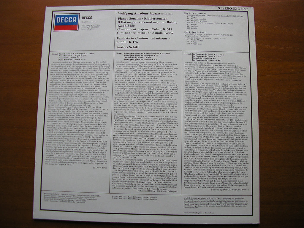 SXL 6997 MOZART: PIANO SONATAS K333 / K457 / K545 / FANTASIA K475 ANDRAS SCHIFF
