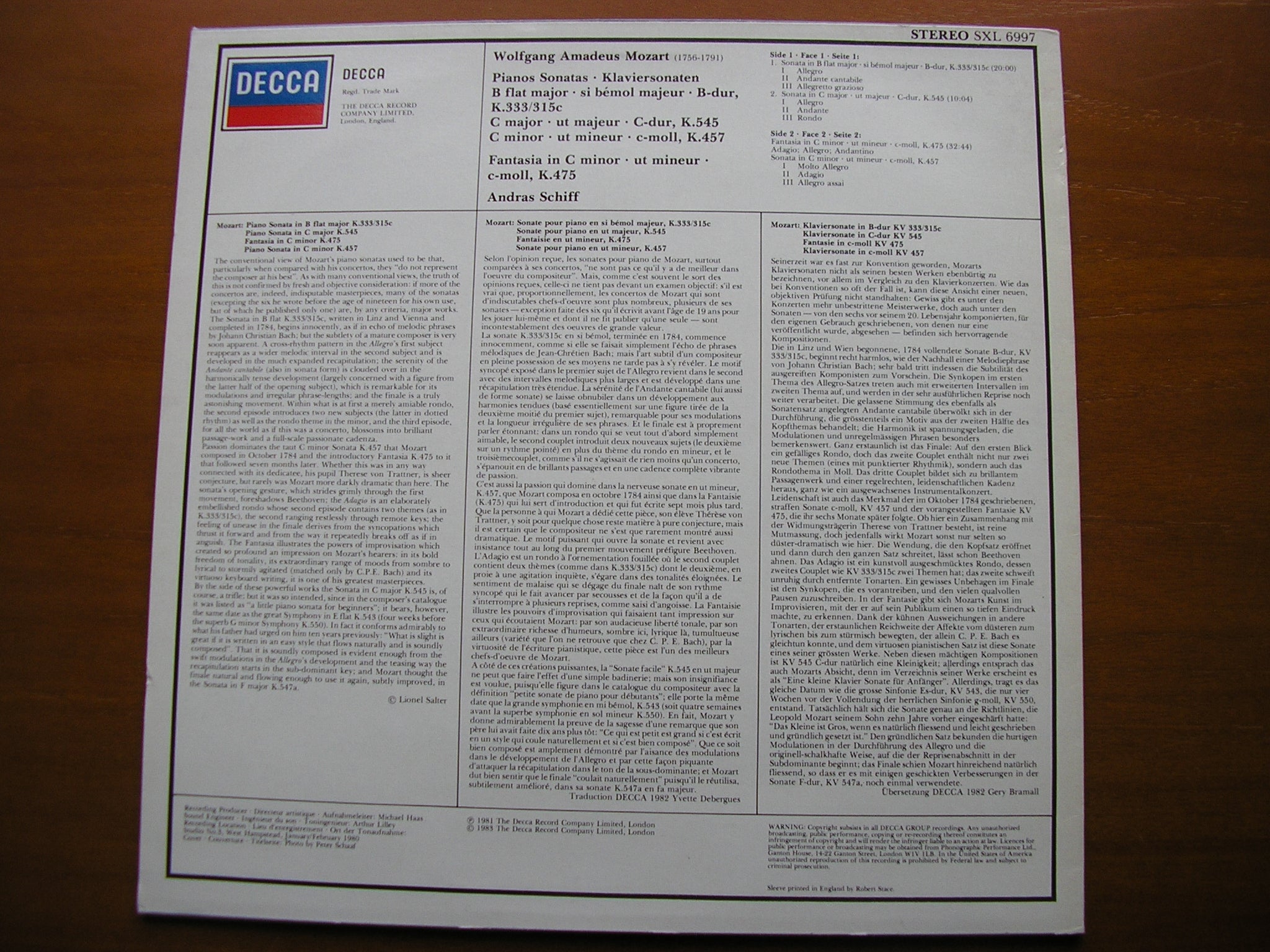 SXL 6997 MOZART: PIANO SONATAS K333 / K457 / K545 / FANTASIA K475 ANDRAS SCHIFF