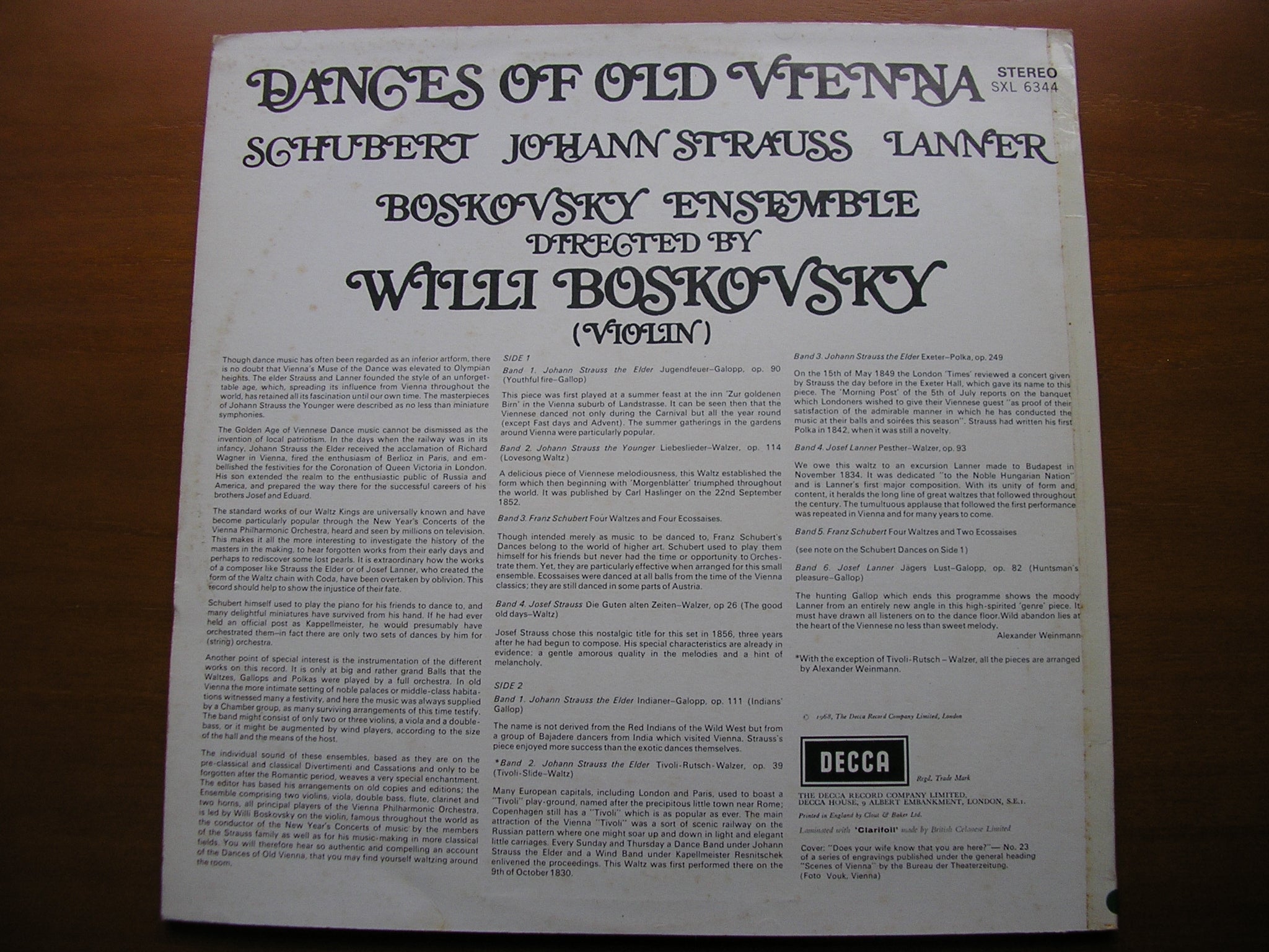 SXL 6344 DANCES OF OLD VIENNA: SCHUBERT / LANNER / JOHANN STRAUSS BOSKOVSKY ENSEMBLE