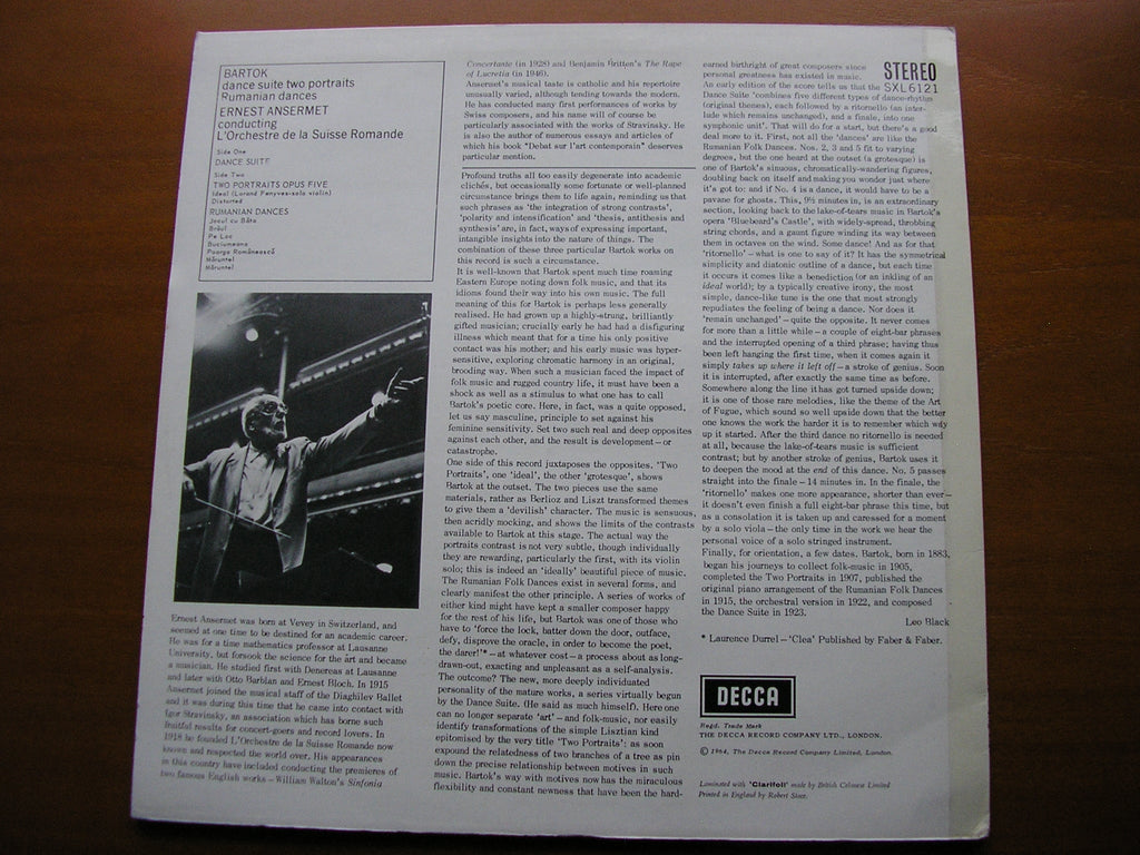 SXL 6121 BARTOK: DANCE SUITE / RUMANIAN DANCES / TWO PORTRAITS ANSERMET / SUISSE ROMANDE