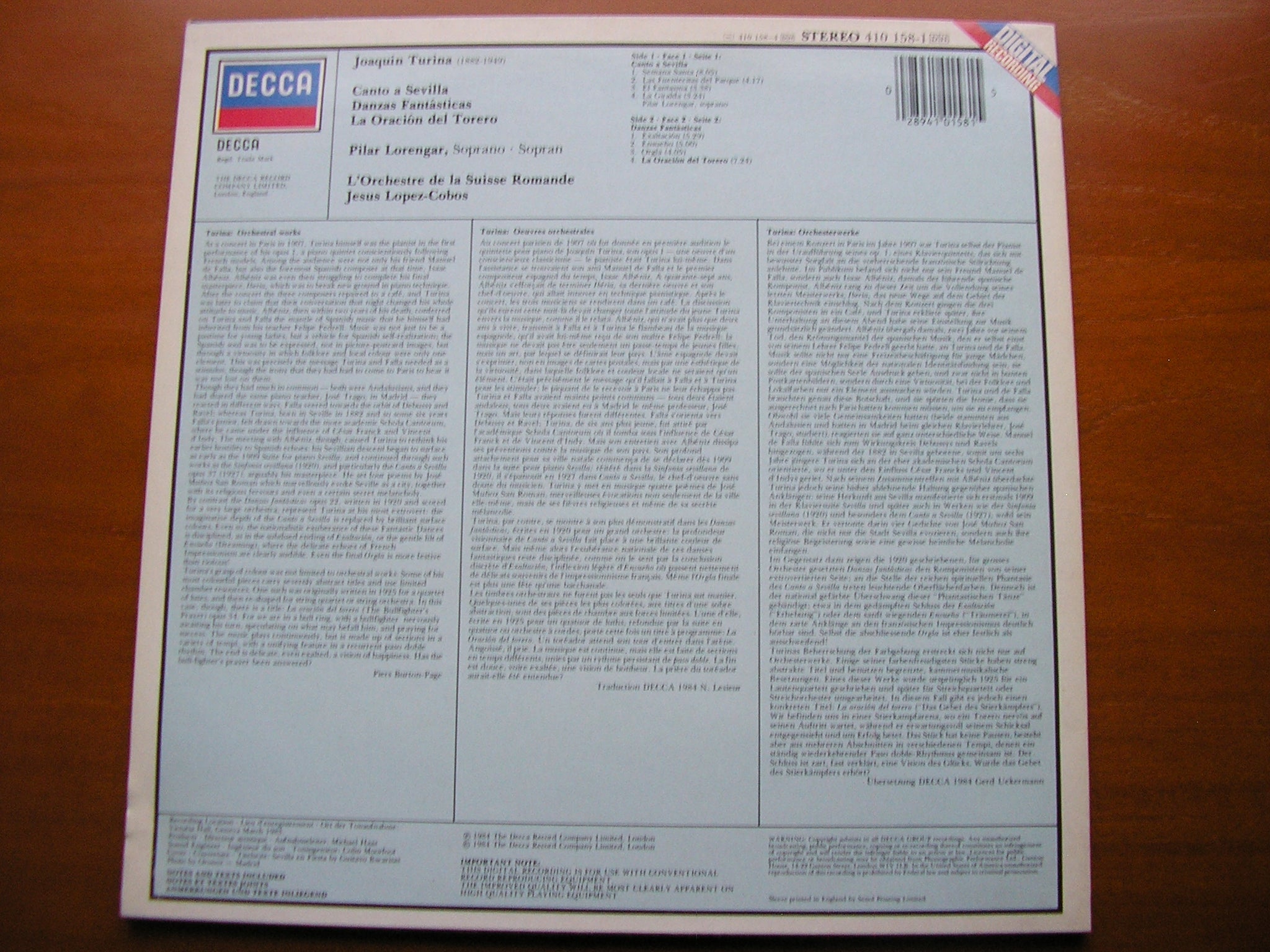 TURINA: DANZAS FANTASTICAS / CANTO A SEVILLA / LA ORACION DEL TORERO    LOPEZ-COBOS / SUISSE ROMANDE    410 158