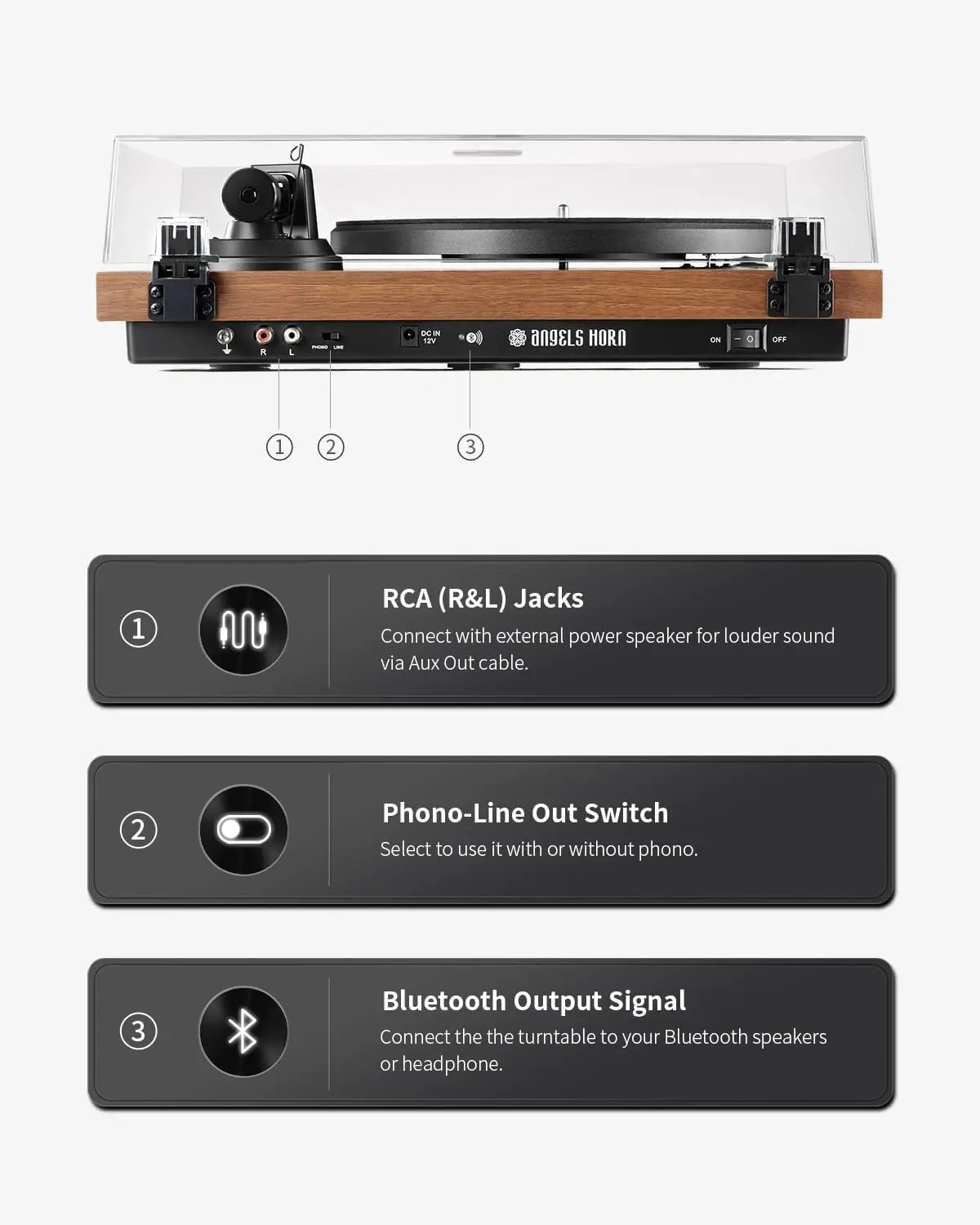 Angels Horn H002BT-OR Exceptional Quality Vintage Wooden Turntable  Bluetooth Vinyl Player