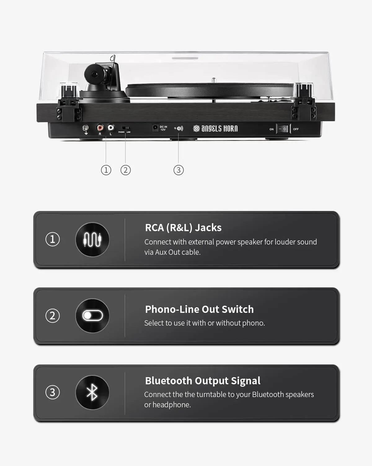 Angels Horn H002BT-BK Exceptional Quality Vintage Wooden Bluetooth Turntable Vinyl Player