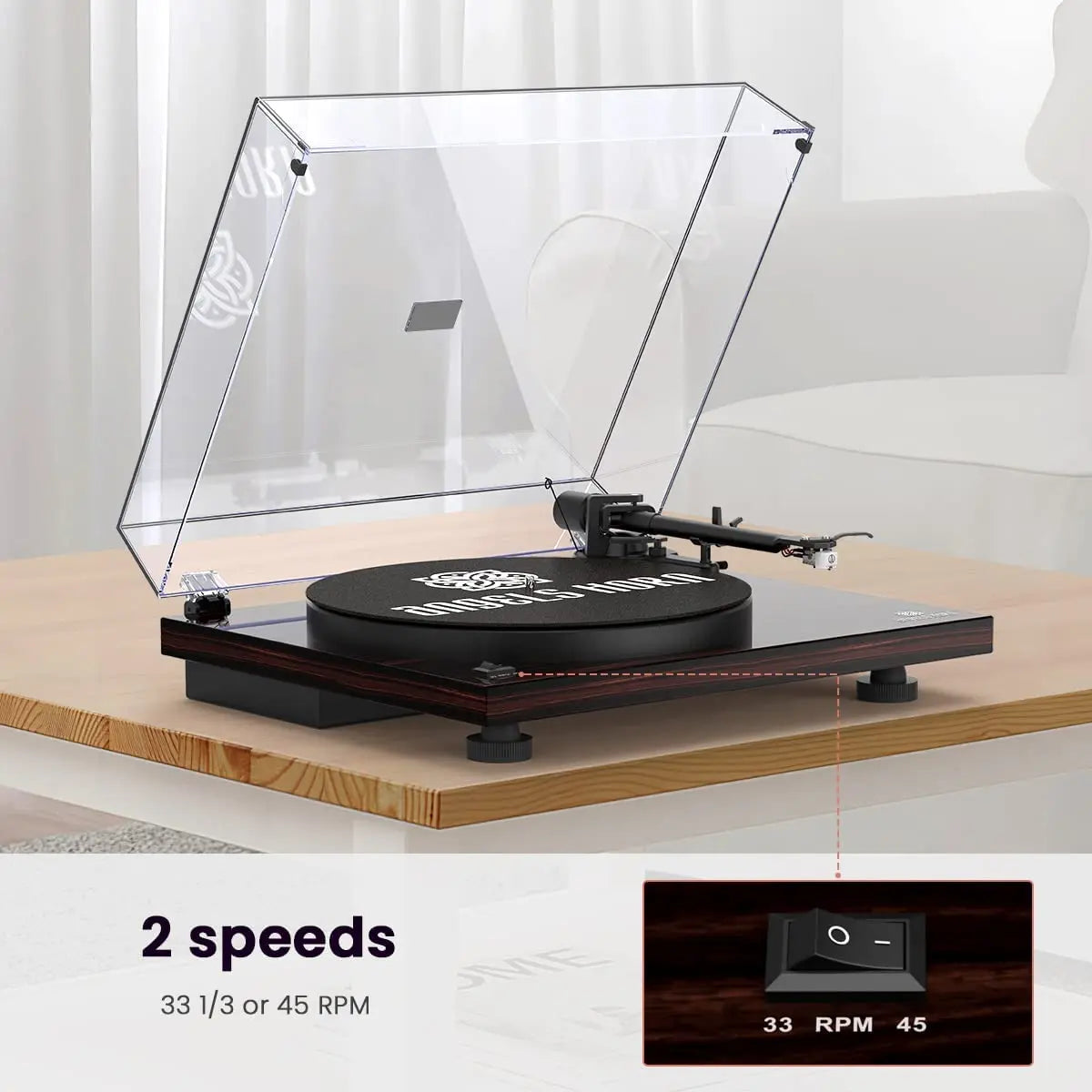 Angels Horn H002BT-BK Bluetooth Turntable Vinyl Record Player (Mahogany)